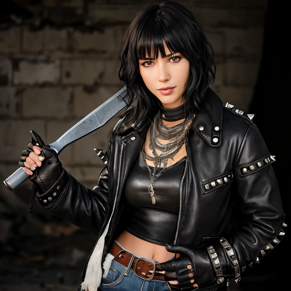 realistic photo. High, slim ((Young woman)), 30 years, black wavy hair, haircut with short side bangs, Straight nose, The lips are thin, The eyes are black, nice smile, looks at the camera, The chest is flat, long leather coat with metal studs, white top, blue jeans, black high boots on feet , Mainly cloudy, mountainous terrain, devastation, fire, postapocalyptic style "Crazy Max". stands against the backdrop of an ancient castle