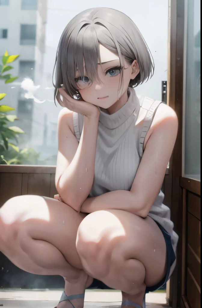 beautiful, (masterpiece:1.2), (best quality:1.2), perfect eyes, perfect face, perfect lighting, 1girl, hair covering one eye, grey sleeveless sweater, look at the viewer, (wide angle:0.8)
,squatting,arms up,((steam,sweat、wet))