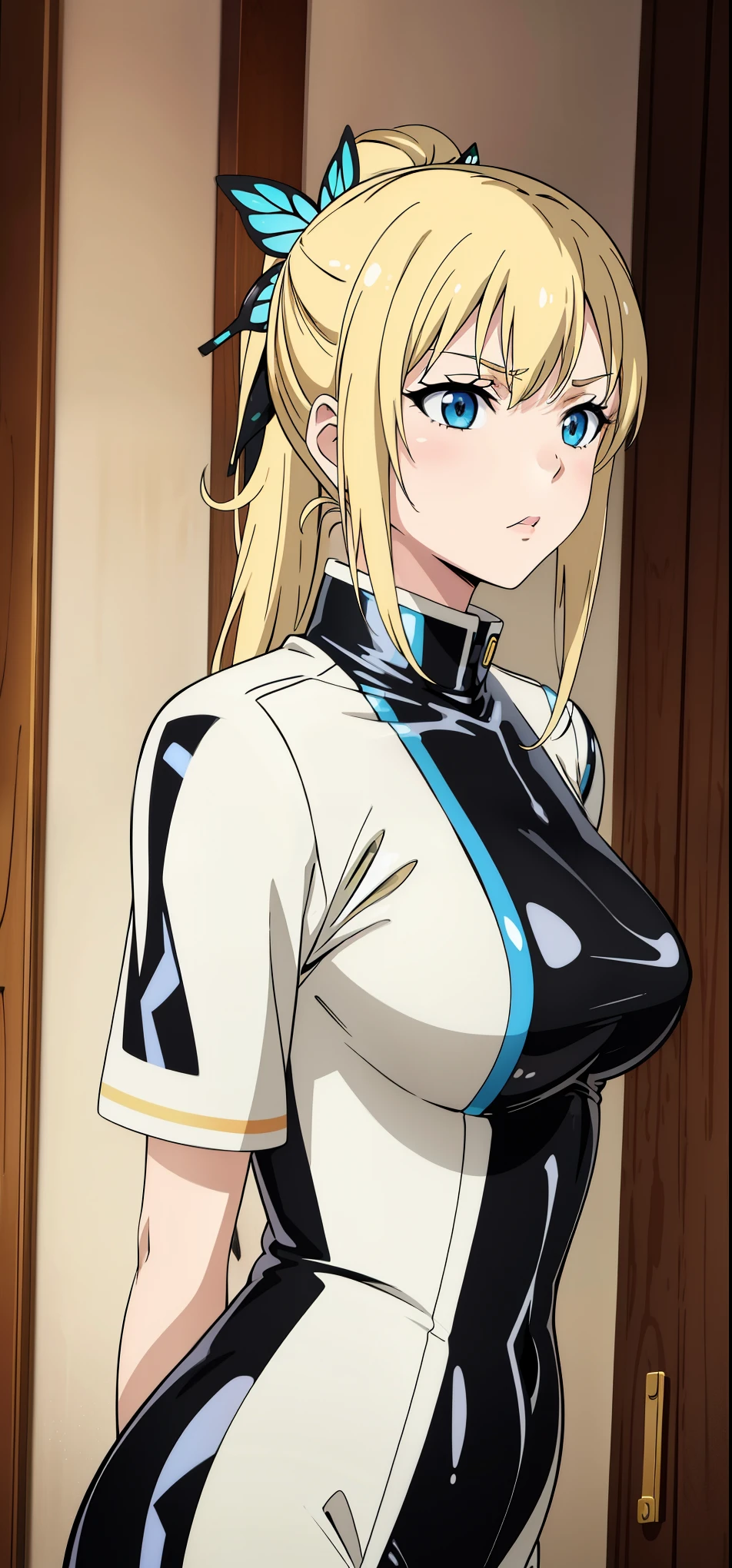 Seina Kashiwazaki, 1girl in, a blond, ponytail, butterfly hair ornament, (medium breast), (upper body:1.5), ((latex clothes)). 