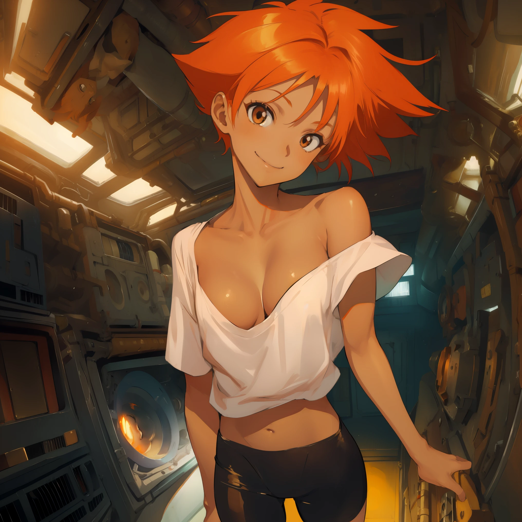 Edward,midriff,orange hair,white shirt,off shoulder,collarbone,tan skin, black bike shorts,goggles, brown eyes, space station,engine room, smiling, bedroom eyes, breasts, cleavage (insanely detailed, beautiful detailed face, masterpiece, best quality),