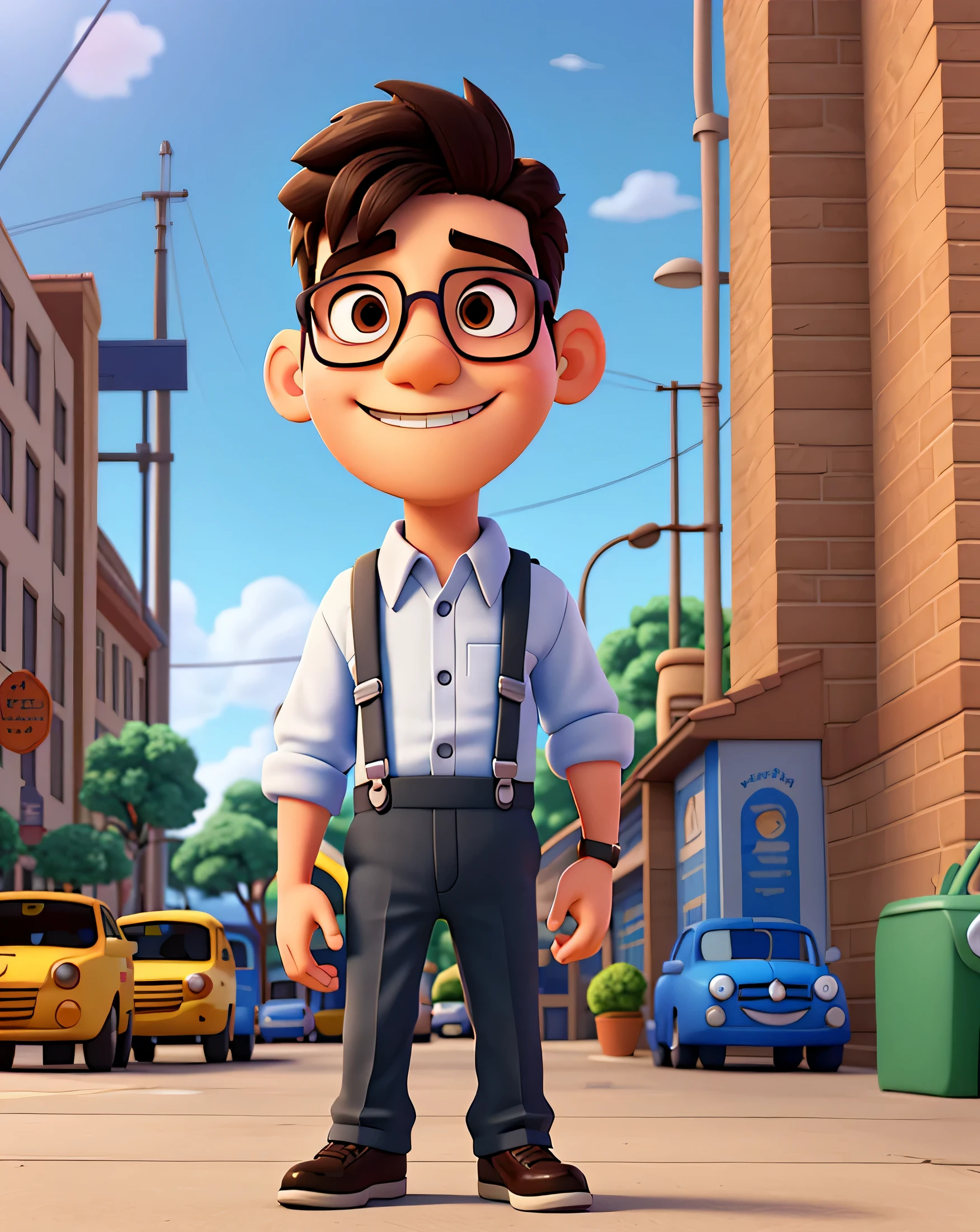 cartoon character of a boy with glasses and suspenders in front of a school, estacionamento com carros 3d filme animado,  estilo pixar e disney 3d, filme animado scene, estilo 3d da disney pixar, Estilo de desenho animado da Pixar, 