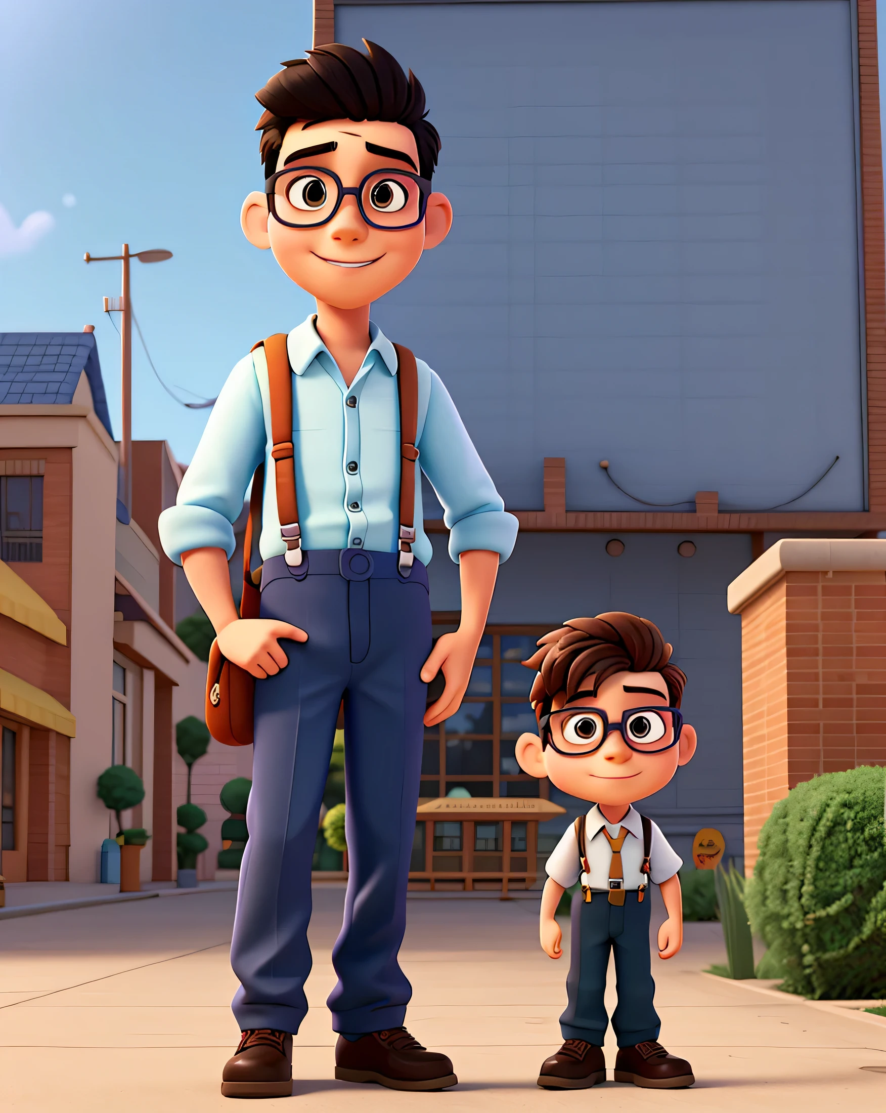 cartoon character of a boy with glasses and suspenders in front of a school, estacionamento com carros 3d filme animado,  estilo pixar e disney 3d, filme animado scene, estilo 3d da disney pixar, Estilo de desenho animado da Pixar, 