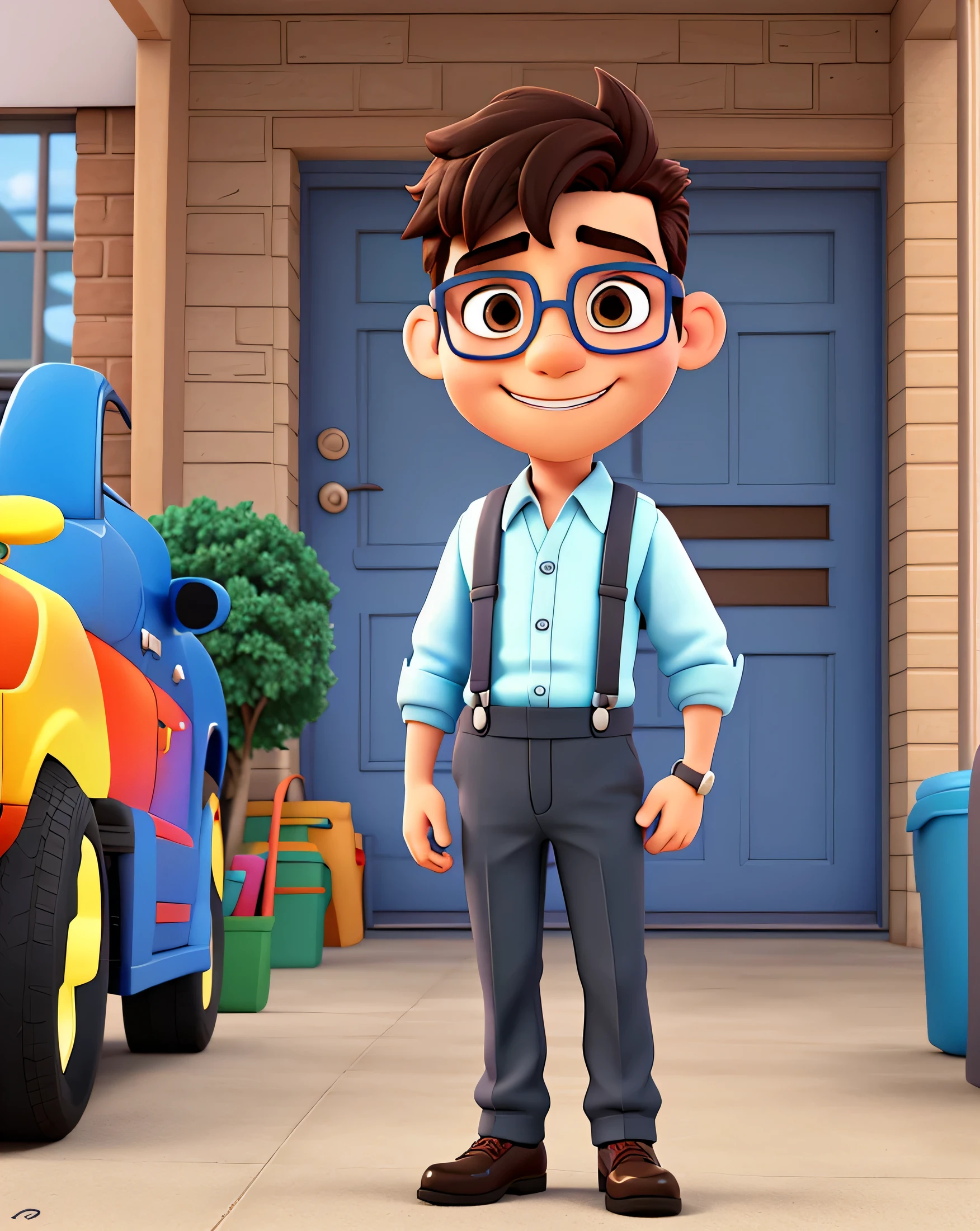 cartoon character of a boy with glasses and suspenders in front of a school, estacionamento com carros 3d filme animado, estilo pixar e disney 3d, filme animado scene, estilo 3d da disney pixar, Estilo de desenho animado da Pixar,