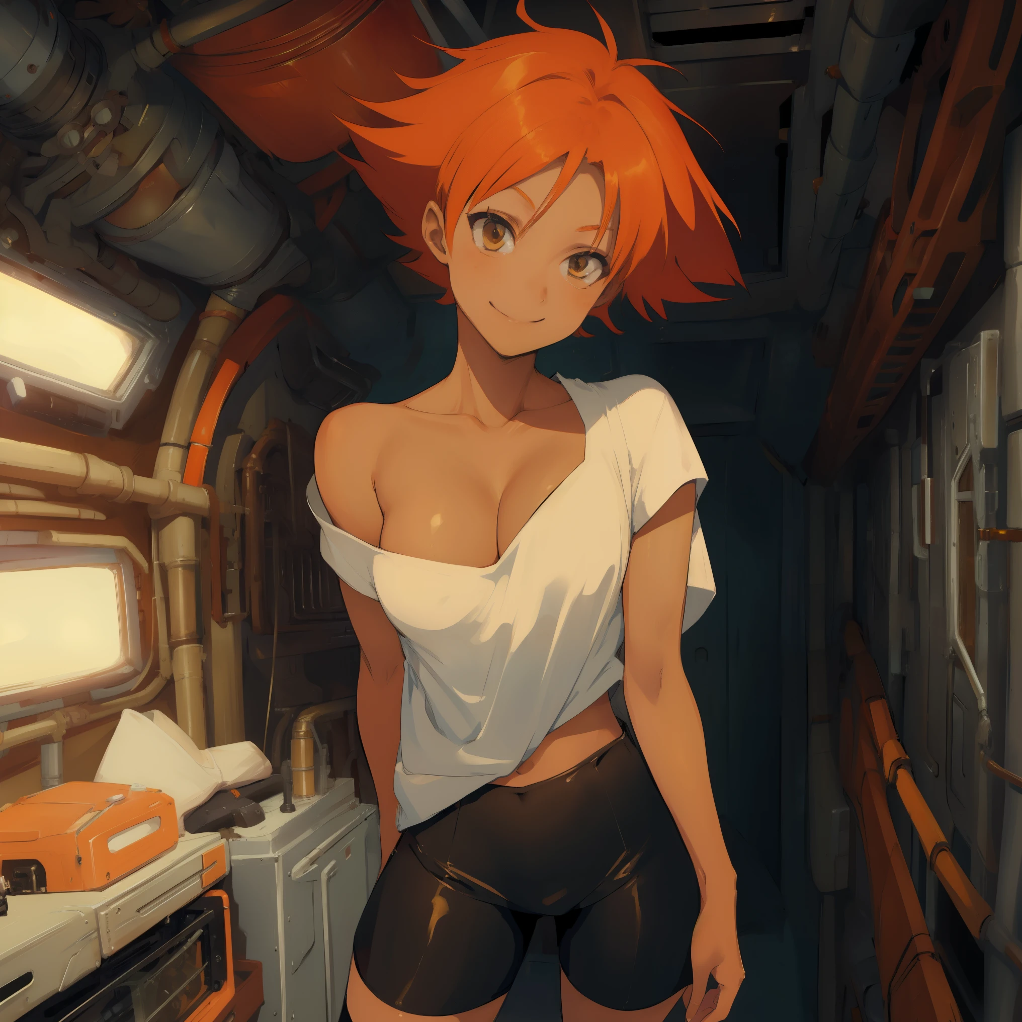 Edward,midriff,orange hair,white shirt,off shoulder,collarbone,tan skin, black bike shorts,goggles, brown eyes, space station,engine room, smiling, bedroom eyes, breasts, cleavage (insanely detailed, beautiful detailed face, masterpiece, best quality),