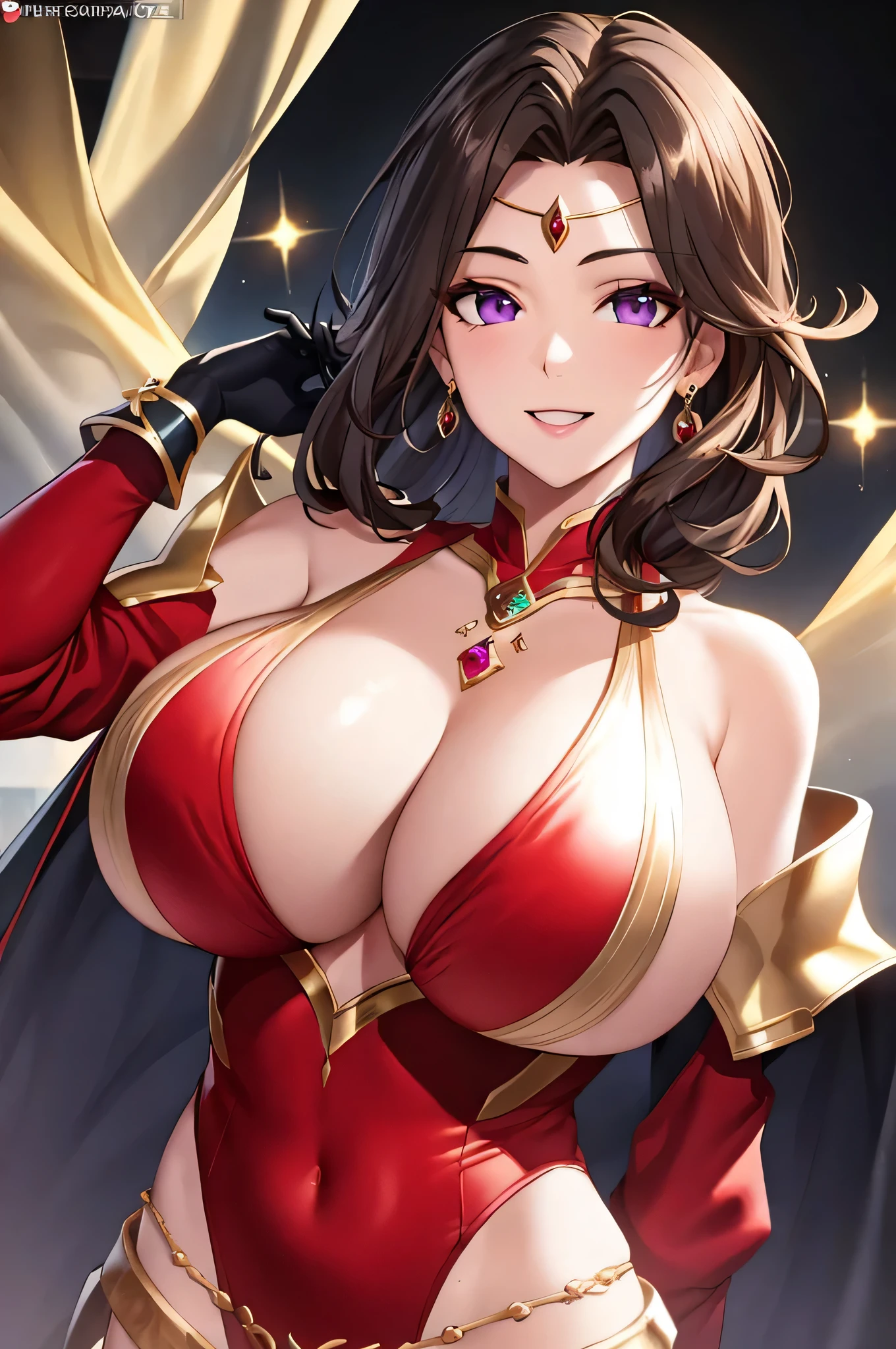 Lian, long brown hair, hair stick,bangs,violet eyes, solo, smiling, standing, upper body, hips, bare shoulders,purple thighhighs,red dress, gold jewelry,armor,gloves,circlet, cleavage, red and gold royal castle, gigantic breasts, (best quality, masterpiece, beautiful and aesthetic:1.2, highest detailed face, perfect face,) eyes, perfect face,expressive eyes,
looking at viewer, in the center of the image,(Upper_body),(Focus on her face),
official art,extremely detailed CG unity 8k wallpaper, perfect lighting,Colorful, Bright_Front_face_Lighting,shiny skin,
(masterpiece:1.0),(best_quality:1.0), ultra high res,4K,ultra-detailed