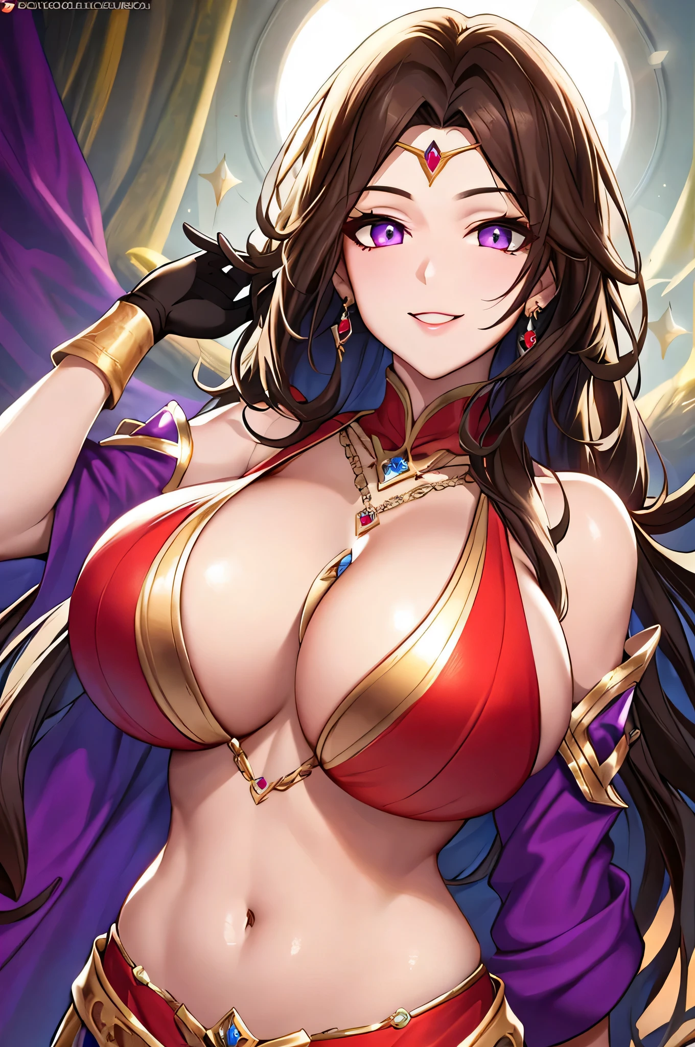 Lian, long brown hair, hair stick,bangs,violet eyes, solo, smiling, standing, upper body, hips, bare shoulders,purple thighhighs,red dress, gold jewelry,armor,gloves,circlet, cleavage, red and gold royal castle, gigantic breasts, (best quality, masterpiece, beautiful and aesthetic:1.2, highest detailed face, perfect face,)  eyes, perfect face,expressive eyes,
looking at viewer, in the center of the image,(Upper_body),(Focus on her face),
official art,extremely detailed CG unity 8k wallpaper, perfect lighting,Colorful, Bright_Front_face_Lighting,shiny skin, 
(masterpiece:1.0),(best_quality:1.0), ultra high res,4K,ultra-detailed
