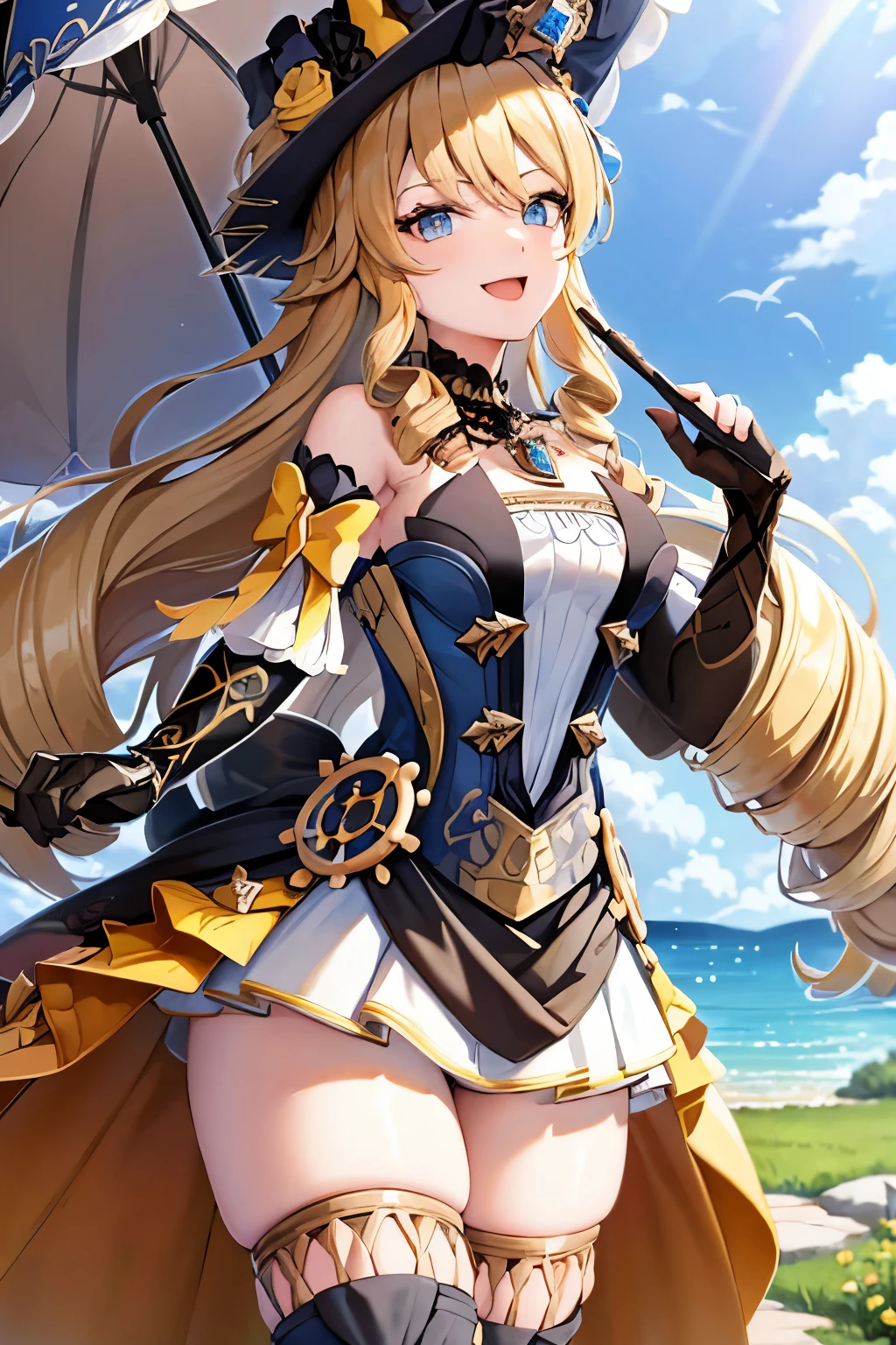 navia_gi, looking at viewer, smile, open mouth, skirt, thighhighs, gloves, hat, dress, holding, bare shoulders, standing, :d, outdoors, detached sleeves, sky, day, cloud, blue sky, umbrella, garter straps, drill hair, brown gloves, water drop, holding umbrella, brown headwear, rainbow