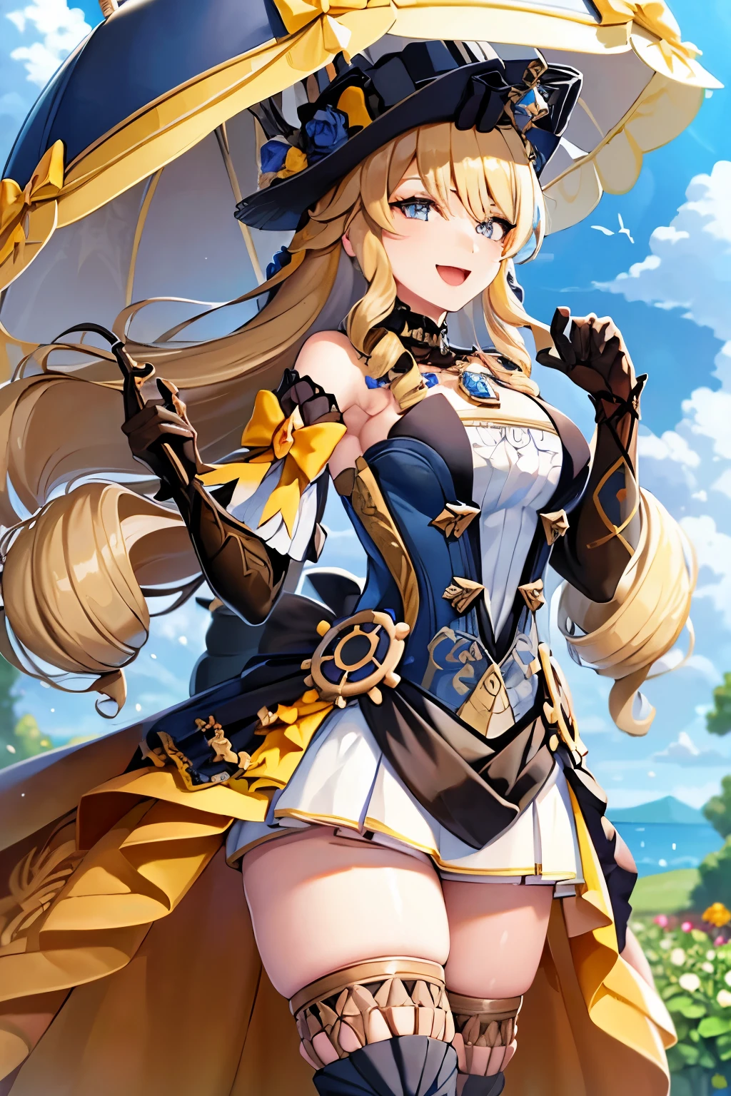 navia_gi, looking at viewer, smile, open mouth, skirt, thighhighs, gloves, hat, dress, holding, bare shoulders, standing, :d, outdoors, detached sleeves, sky, day, cloud, blue sky, umbrella, garter straps, drill hair, brown gloves, water drop, holding umbrella, brown headwear, rainbow