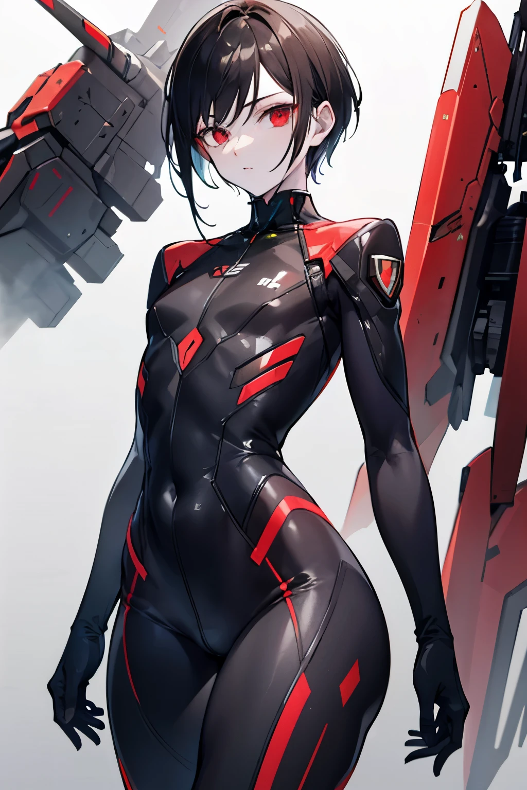 Boy, effeminate, tall, dark hair, pixie cut, mech pilot suit main color black with red accents, pale skin, thick thighs, small waist, ((best quality)), ((masterpiece)), ((detailed)),