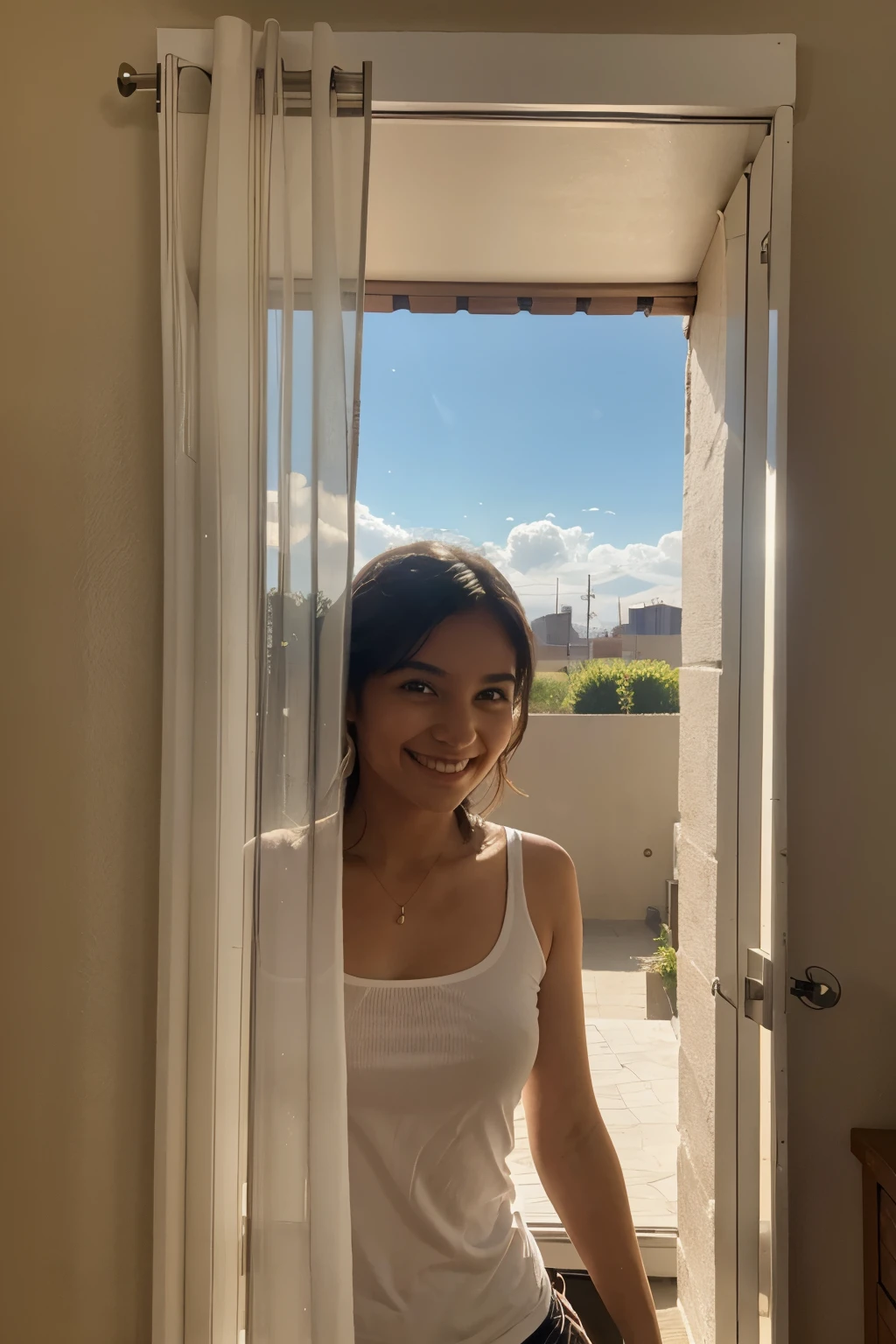 The person smiles, camina hacia la ventana y abre las cortinas, dejando entrar la luz del sol.