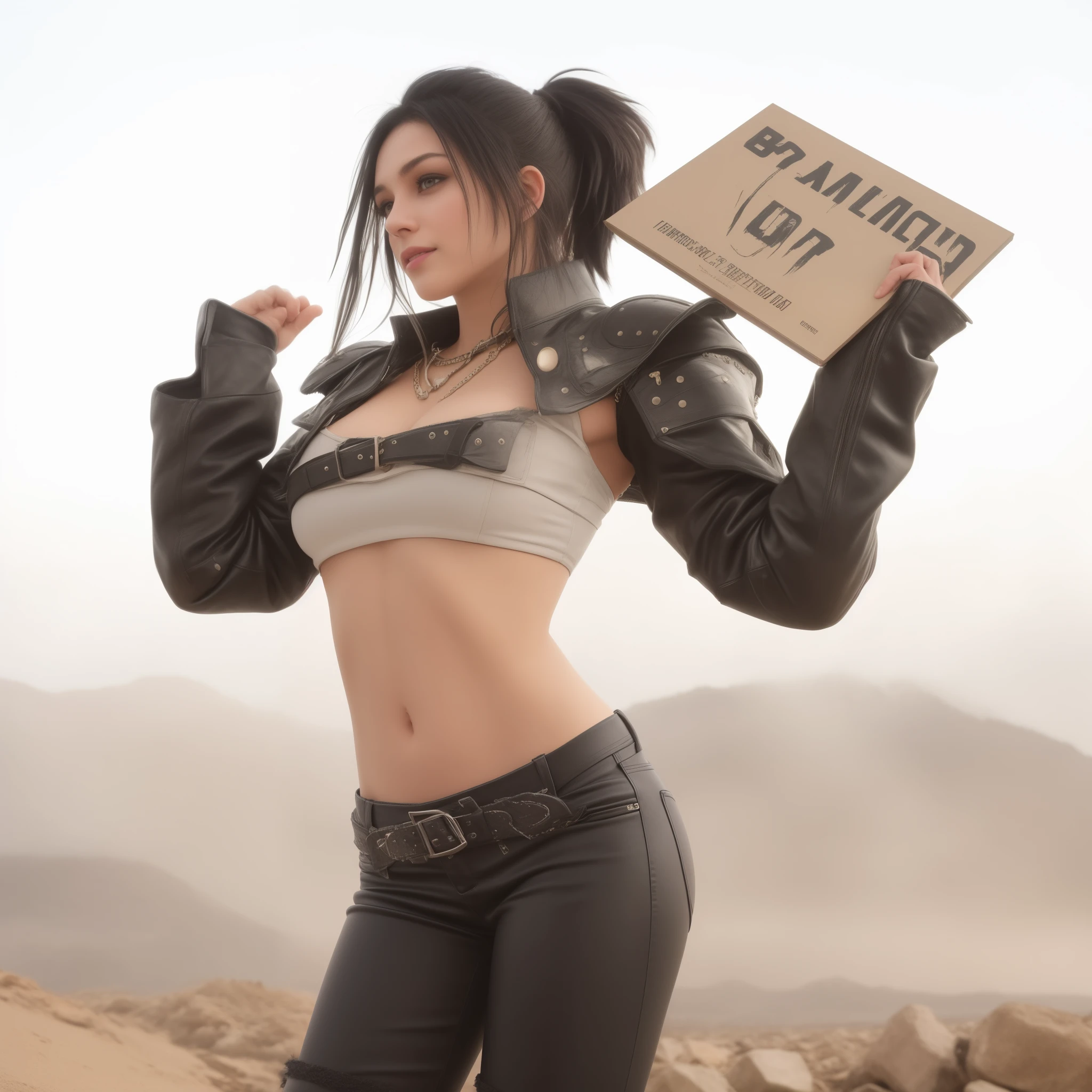 realistic photo. High, slim ((Young woman)), 30 years, black wavy hair, haircut with short side bangs, Straight nose, The lips are thin, The eyes are black, nice smile, looks at the camera, The chest is flat, long leather coat with metal studs, white top, blue jeans, black high boots on feet , Mainly cloudy, mountainous terrain, devastation, fire, postapocalyptic style "Crazy Max". stands against the backdrop of an ancient castle