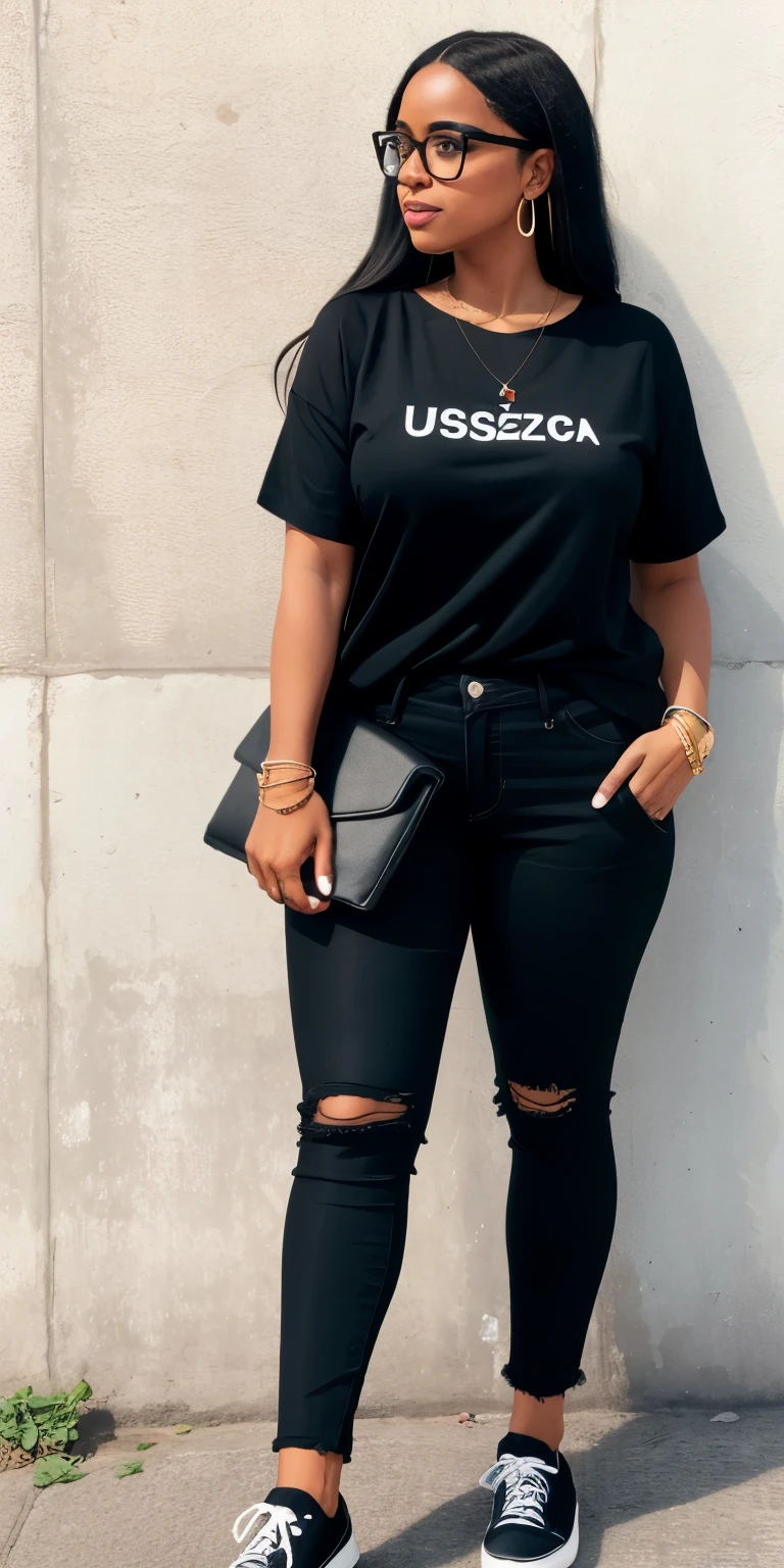 Negra, wear glasses,cabelo cacheado,curpo quadrado,usando blusa de frio branca,calsa rasgada, black sneakers