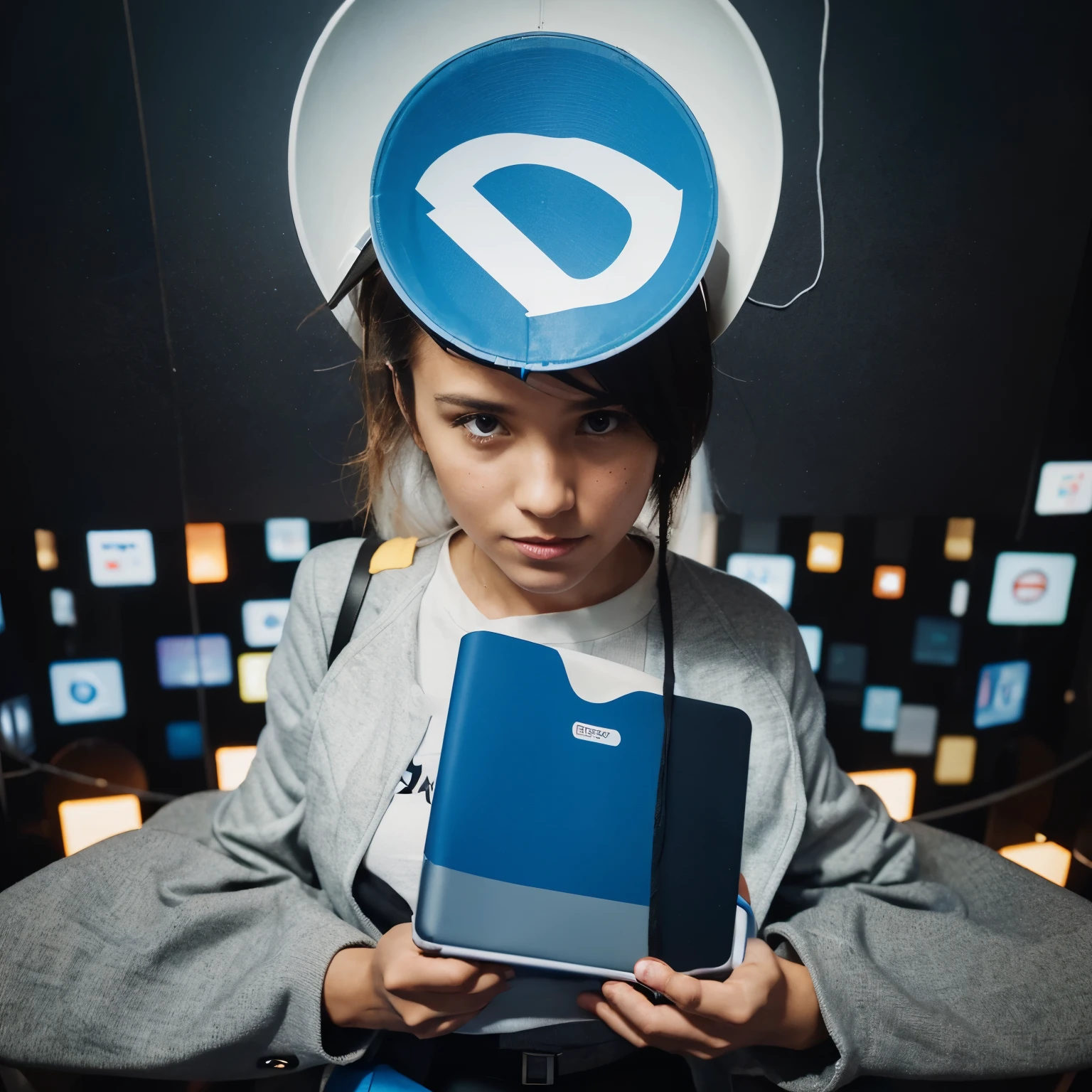 A person holding a megaphone with various media and information symbols surrounding them. The person can be shown as both a personal and professional level practitioner of media and information literacy, with symbols such as a laptop, smartphone, and book representing their personal and professional use of media and information.