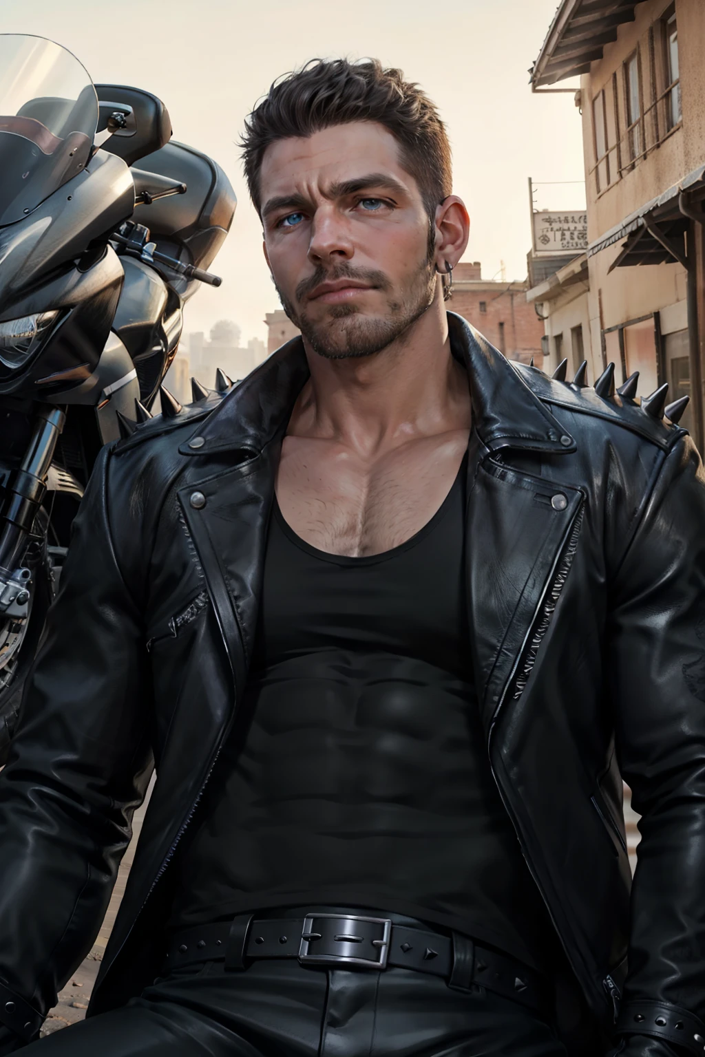 (cowboy shot),  sfw, (masterpiece), (best quality:1.0), (ultra highres:1.0), detailed eyes
BREAK
TonraqTLOK , male, black biker jacket, white tank top, black leather pants, spikes, riding
BREAK
yhmotorbike
BREAK
outdoors, gorgeous view