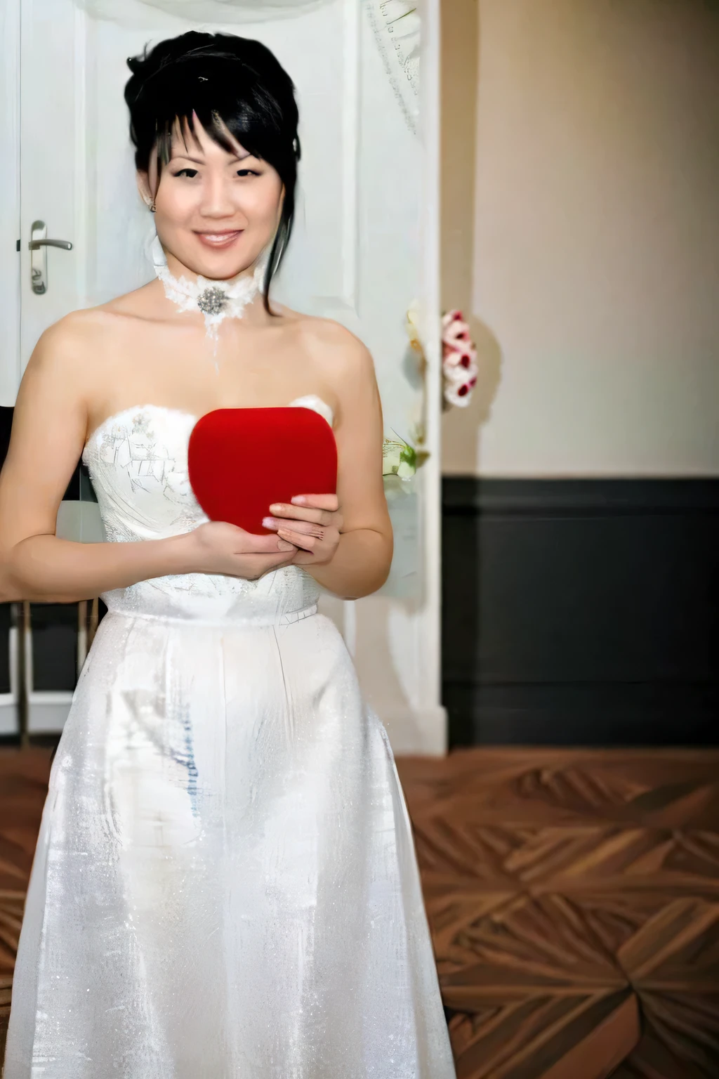 Bride with red heart-shaped box in front of white door, Chinese female, asian women, hurt my spirit, tomorrow, Tranhyeon, frame style, wearing a red cheongsam, chinese girl, Chen Xintong, Yunlin, Wenfei Ye, korean woman, Works influenced by Kim Doo-ryang, Shwehan,Make your face smaller