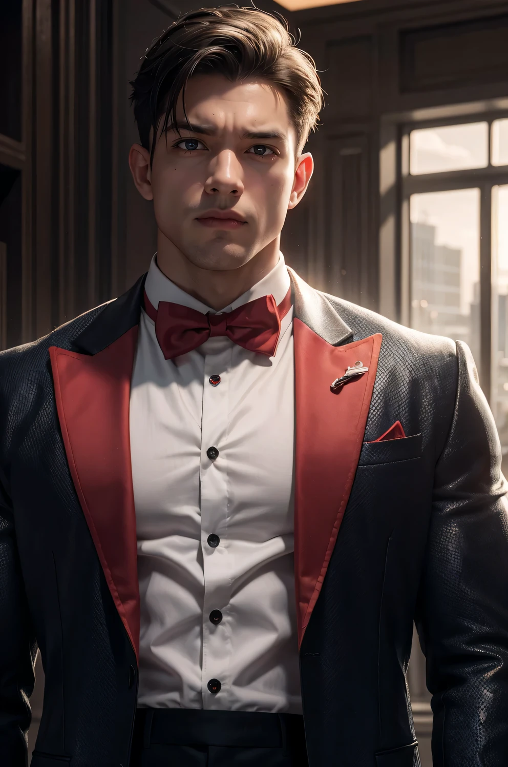 1boy, dramatic lighting, big muscle, cyborg, red tuxedo.