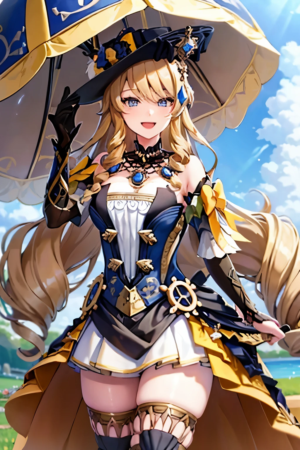 navia_gi, looking at viewer, smile, open mouth, skirt, thighhighs, gloves, hat, dress, holding, bare shoulders, standing, :d, outdoors, detached sleeves, sky, day, cloud, blue sky, umbrella, garter straps, drill hair, brown gloves, water drop, holding umbrella, brown headwear, rainbow