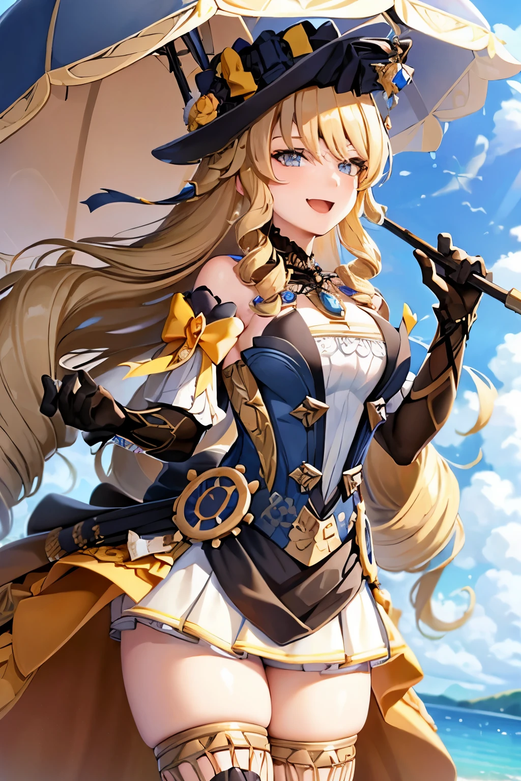 navia_gi, looking at viewer, smile, open mouth, skirt, thighhighs, gloves, hat, dress, holding, bare shoulders, standing, :d, outdoors, detached sleeves, sky, day, cloud, blue sky, umbrella, garter straps, drill hair, brown gloves, water drop, holding umbrella, brown headwear, rainbow