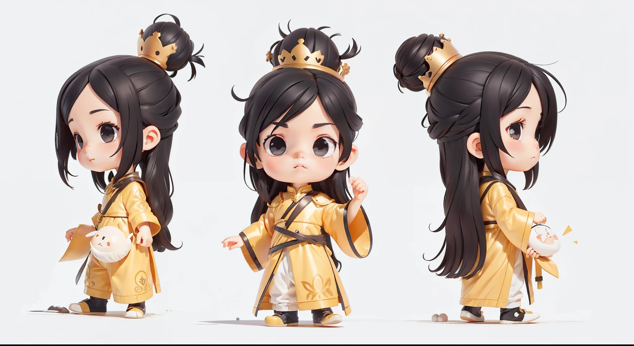 little boy with long black hair，The protagonist is a little boy with long straight black hair，No bangs exposed on forehead，There is a bun in the center of the head，Wearing a golden hair crown