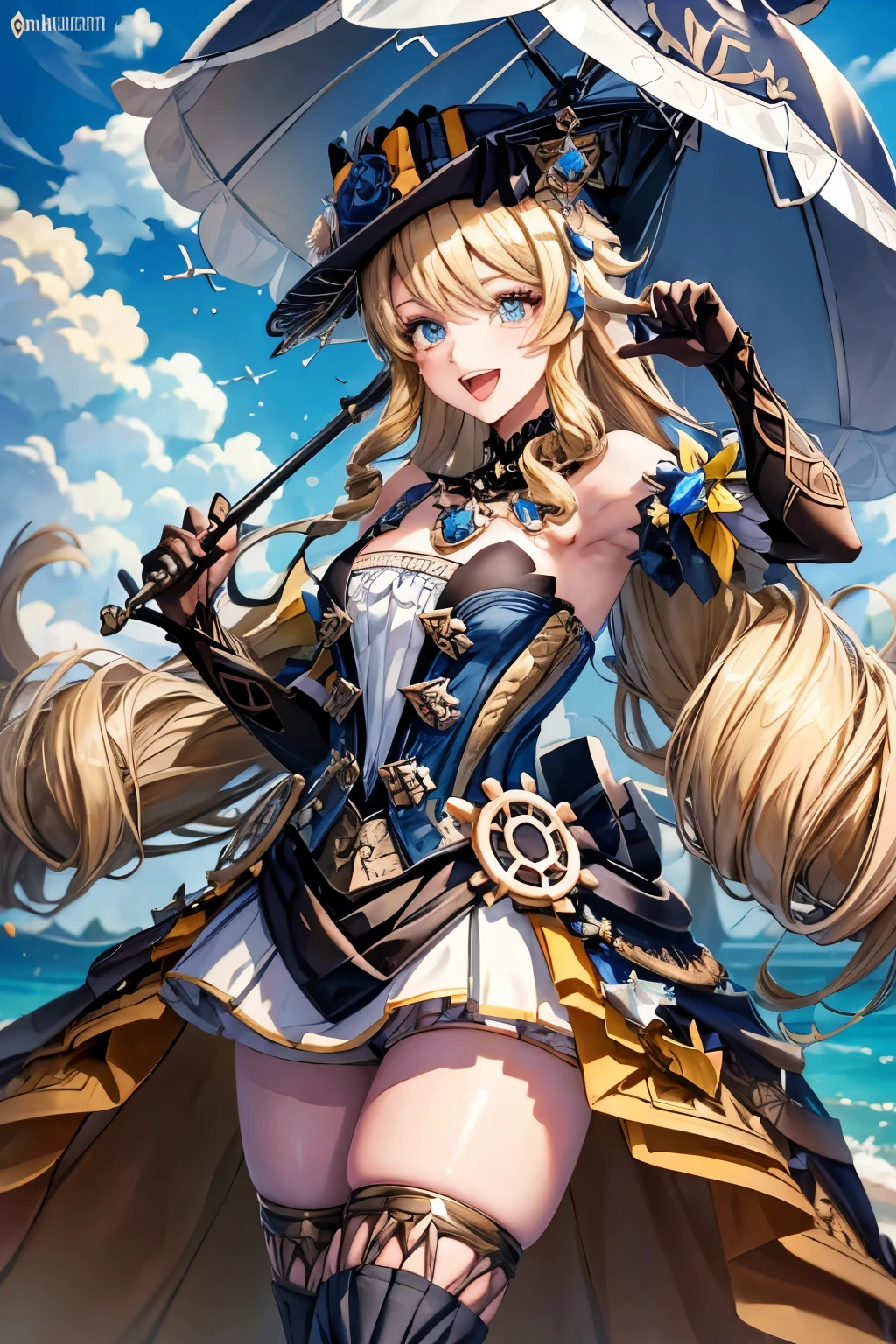 navia_gi, looking at viewer, smile, open mouth, skirt, thighhighs, gloves, hat, dress, holding, bare shoulders, standing, :d, outdoors, detached sleeves, sky, day, cloud, blue sky, umbrella, garter straps, drill hair, brown gloves, water drop, holding umbrella, brown headwear, rainbow