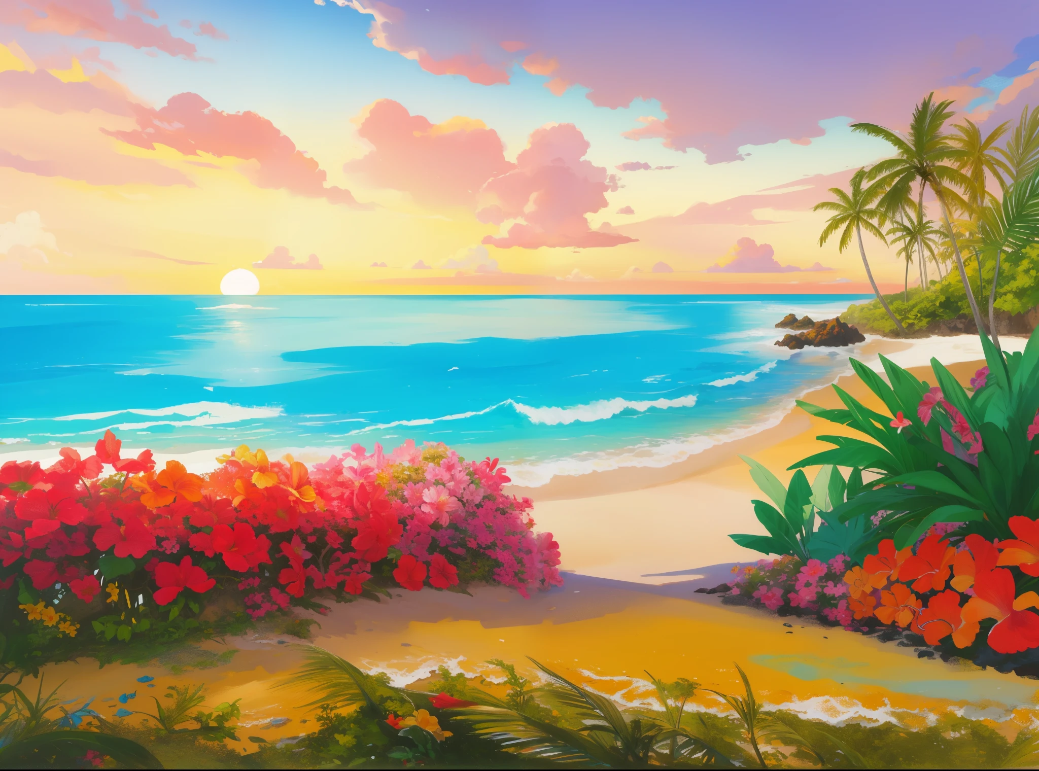 pintura de uma cena de praia tropical com banco e flores, bela arte UHD 4 K, arte de fundowork, arte de fundo, 4K HD wallpaper illustration, floral sunset, papel de parede ilustrativo 4k hd, Paradisiacal tropical beach, beach sunset background, anime arte de fundo, fundo da ilha, scenery art, Tropical paradise, paisagem tropical, scenery art detalhada, Apenas Bartel