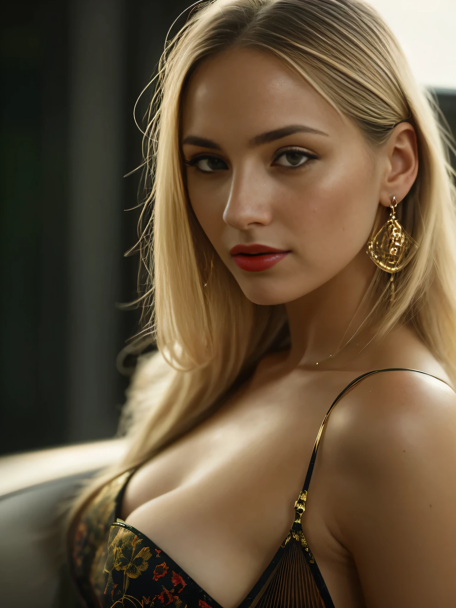 (Helena Lovista) photo of a stunning beautiful woman in rolls royce back seats, long messy windy blonde hair, green eyes, (magazine photo style:1.3), modelshoot style, (extremely detailed CG unity 8k wallpaper), photo of the most beautiful artwork in the world, professional majestic oil painting by Ed Blinkey, Atey Ghailan, Studio Ghibli, by Jeremy Mann, Greg Manchess, Antonio Moro, trending on ArtStation, trending on CGSociety, Intricate, High Detail, Sharp focus, dramatic, photorealistic painting art by midjourney and greg rutkowski, (sexy shiny golden dress:1.1), (looking at viewer), (detailed pupils:1.3), (modern outfit:1.2), (closeup), red lips, (earrings), (fashion magazine logo), (magazine text), (magazine title:1.1)