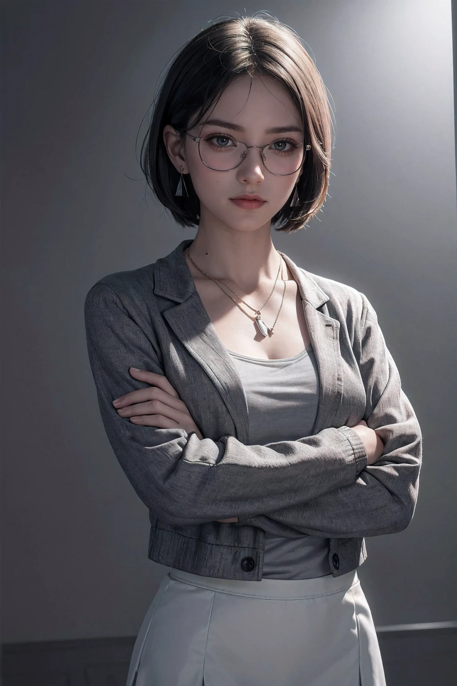 (best quality), ((masterpiece)), (highres), illustration, original, extremely detailed, 1girl, solo, skirt, jewelry, short hair, necklace, shirt, glasses, black shirt, earrings, grey background, jacket, crossed arms, looking at viewer, simple background, grey hair, long sleeves, pencil skirt, green eyes, collarbone, round eyewear,Raw,16K,ultra high res,cinematic shot,twilight lighting,volumetric lighting,dramatic lighting,(sharp focus,photorealistic,realism,depth_of_field:1.5),