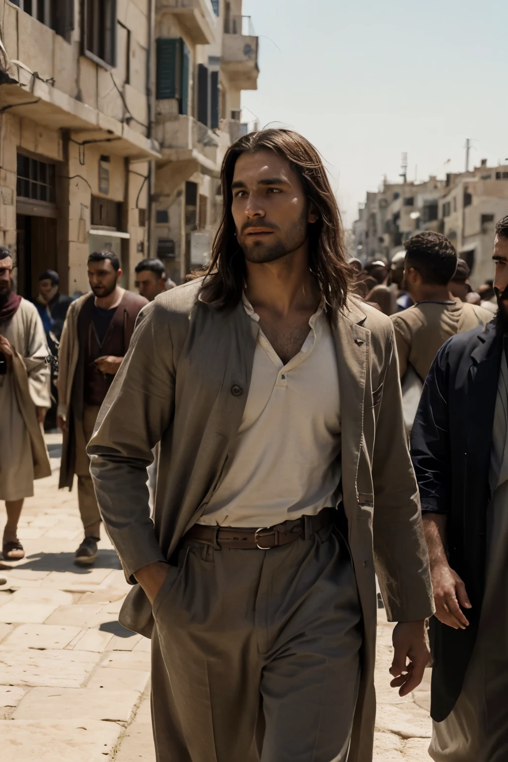 realistic image, 4k, 1920×1080, of a rich young man wearing clothes from that time, approaching Jesus upon arriving with his disciples in a location in Israel, to ask him a question