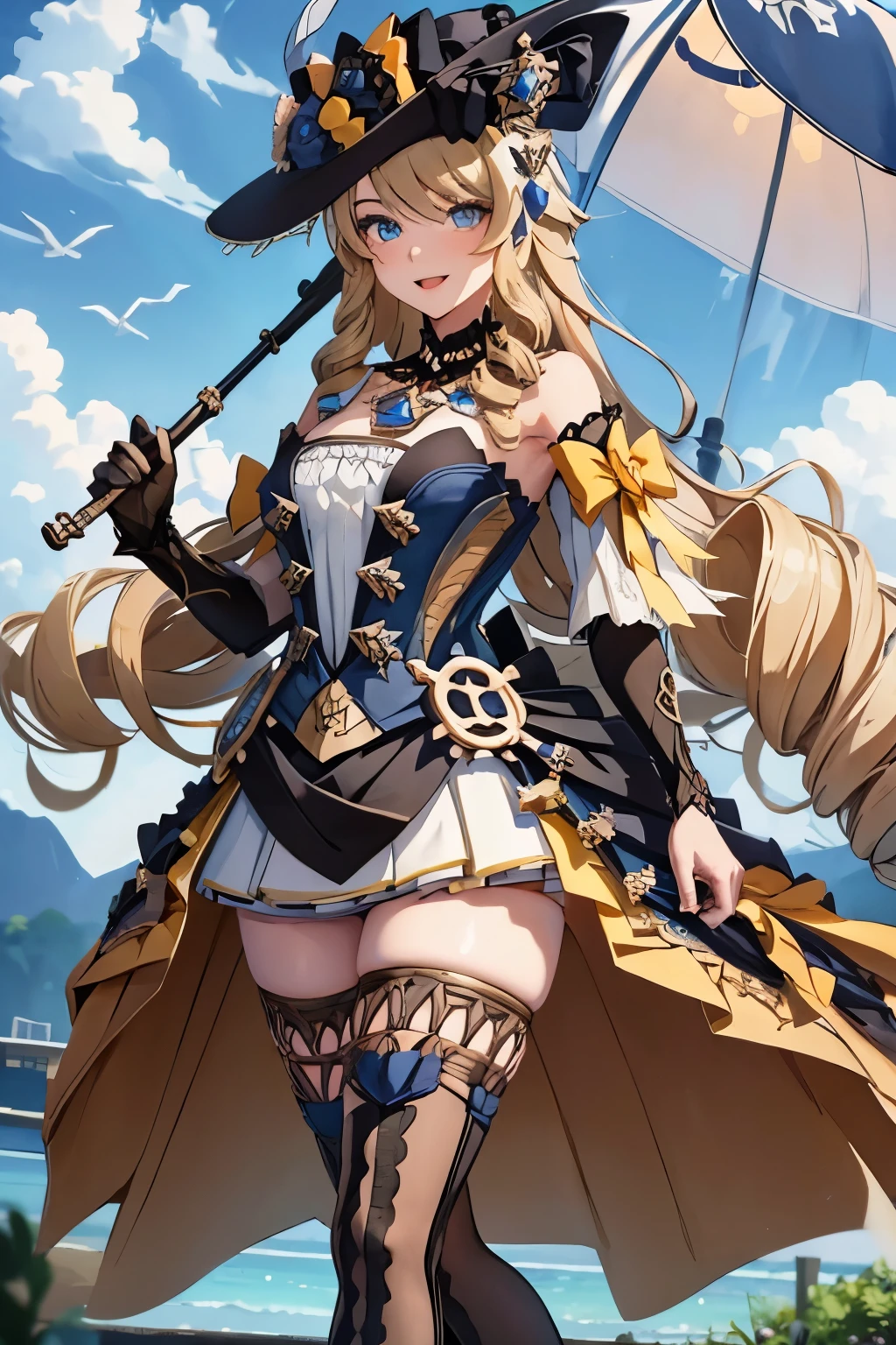 navia_gi, looking at viewer, smile, open mouth, skirt, thighhighs, gloves, hat, dress, holding, bare shoulders, standing, :d, outdoors, detached sleeves, sky, day, cloud, blue sky, umbrella, garter straps, drill hair, brown gloves, water drop, holding umbrella, brown headwear, rainbow