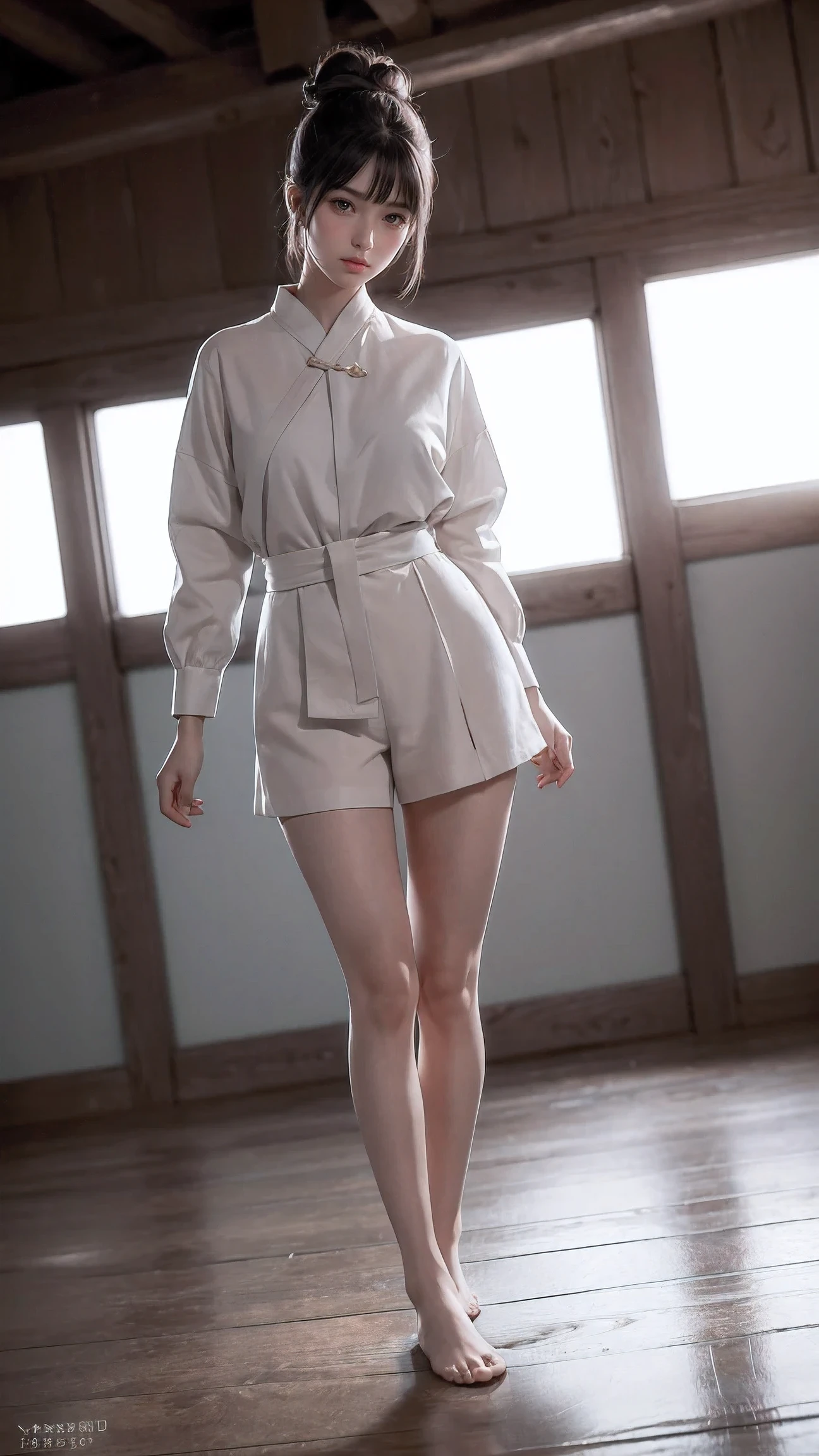 best quality,masterpiece,1girl,solo,standing,blush,full body,bangs,hair bun,double bun,chinese clothes,looking at viewer,eyeshadow,attic,bare legs,socks,no shoes,Raw,16K,ultra high res,cinematic shot,twilight lighting,volumetric lighting,dramatic lighting,(sharp focus,photorealistic,realism,depth_of_field:1.5),