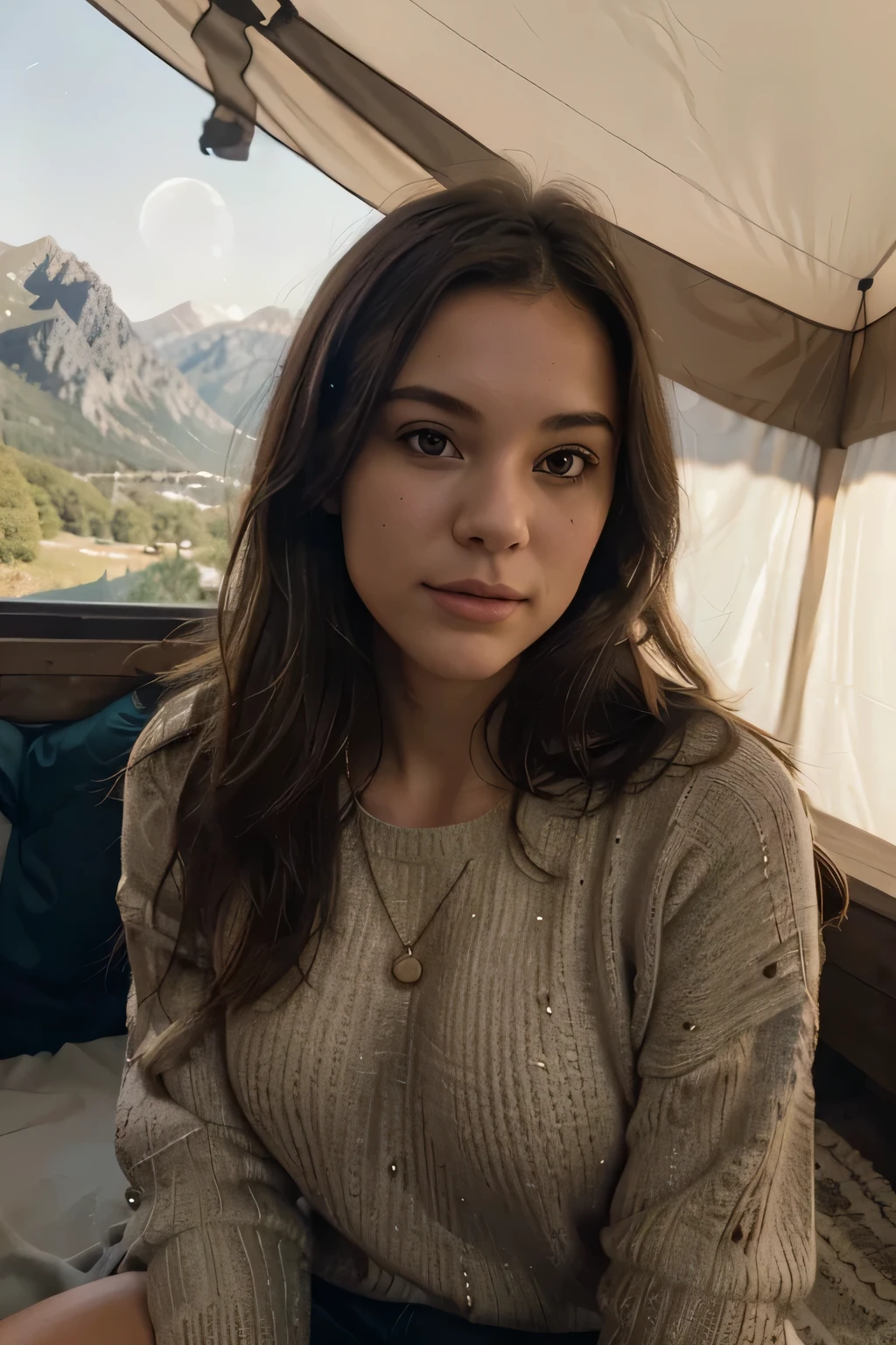 1 woman, American, Beautiful, Brown eyes, short brown hair, ((Upper body selfie, happy)), Filming in the mountains of Montenegro., Beautiful lighting, Tent opening sign,Masterpiece, Best quality, ultra detailed, One, exteriors, (night), Mountains, Nature, (star, moon) cheerful, happy, You can see good racers outside..., Woods, rock formations, rivers, Wood, smoke, ghostly, contrast, clear sky, analog style (I'm looking at the viewer:1.2) (skin texture) (detailing:1.3), (warm shade, warm tone:1.2), close-up, cinematic light, side lighting, ultra high resolution, The best shadows, ..RAW, Upper body, wear a pullover, Relaxed and intimate photos, blonde hair,
