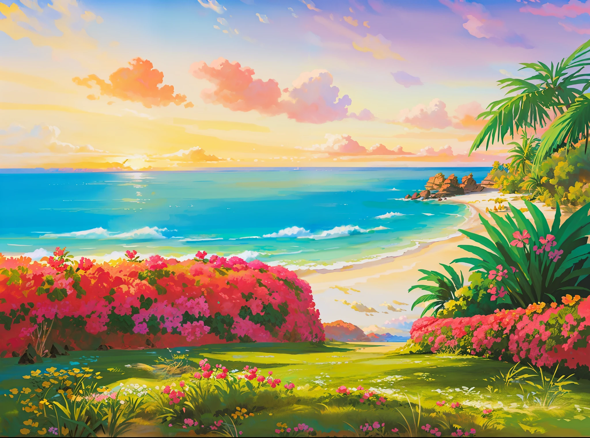 pintura de uma cena de praia tropical com banco e flores, bela arte UHD 4 K, arte de fundowork, arte de fundo, 4K HD wallpaper illustration, floral sunset, papel de parede ilustrativo 4k hd, Paradisiacal tropical beach, beach sunset background, anime arte de fundo, fundo da ilha, scenery art, Tropical paradise, paisagem tropical, scenery art detalhada, Apenas Bartel