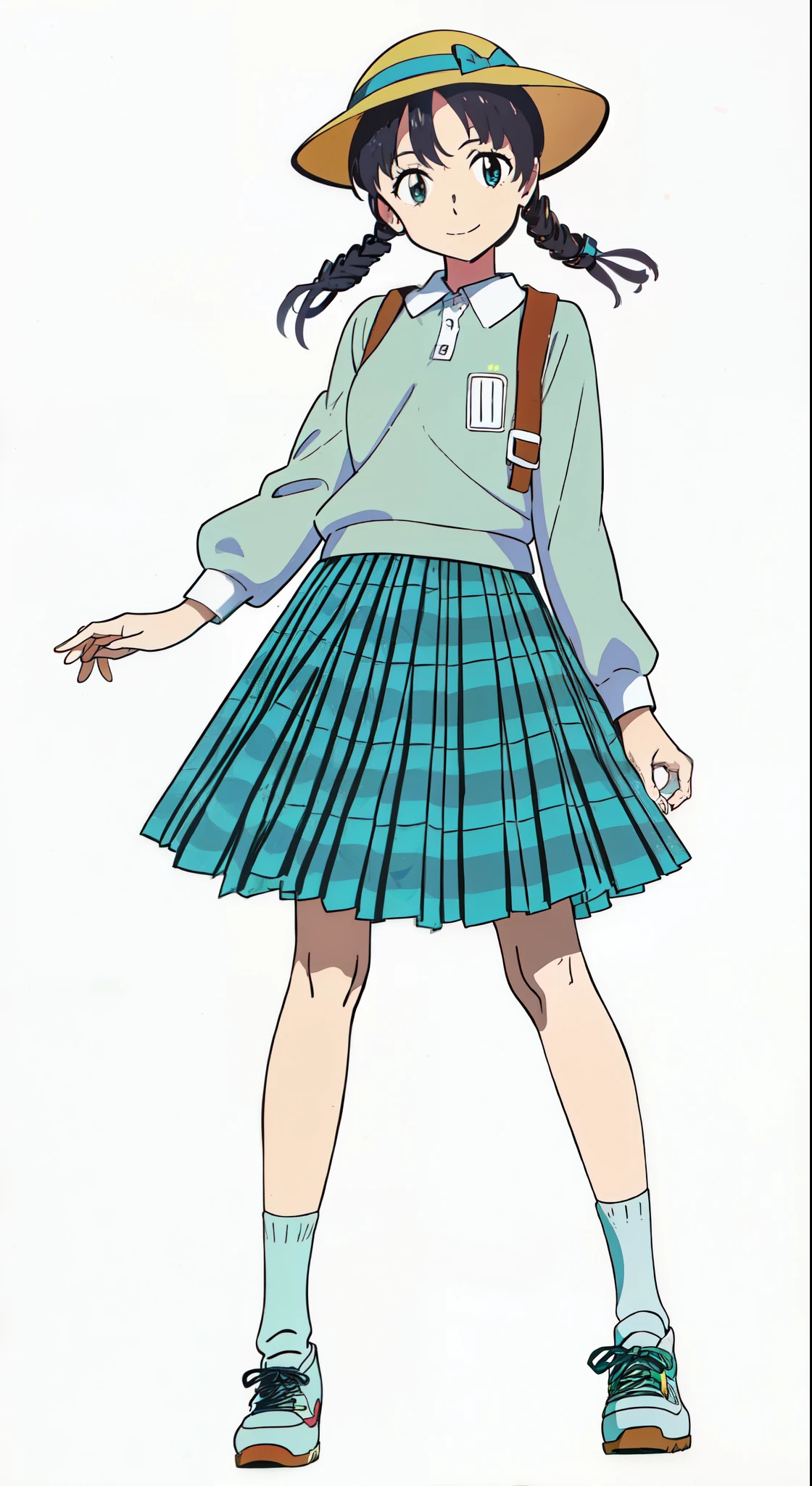 (best quality:1.0), (masterpiece:1.0), (super fine illustration:1.0), (beautiful artwork:1.0), (anime screencap:1.0), (official art:1.0), (cheerful:1.5), (light smile:1.5), (detailed beautiful eyes:1.25), (detailed beautiful face:1.25), (glowing black eyes:1.0), (white background:1.0), (best quality:1.0), (masterpiece:1.0), (super fine illustration:1.0), (beautiful artwork:1.0), (anime screencap:1.0), (official art:1.0), (full body:1.0), (solo:1.0), (ESGA:1.0), (a cute girl:1.25), (yellow hat:1.25), (red backpack:1.0), (long skirt:1.0), (green tartan skirt:1.0), (pleated skirt:1.0), (aqua blue polo shirt:1.0), (long sleeve polo shirt:1.0), (sneakers:1.0), (white socks:1.25), (ideal ratio body proportions:1.25), (lanky:1.25), (tall:1.25), (slender:1.25), (small breasts:1.25), (smaller face:1.25), (tareme:1.0), (detailed beautiful eyes:1.25), (detailed beautiful face:1.25), (glowing black eyes:1.0), (short hair:1.0), (twin braids:1.0), (black hair:1.0), (looking at viewer:1.25)