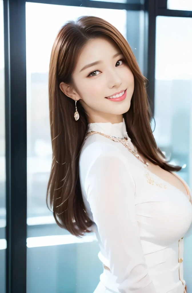 (18-year-old sweetheart), (big breasts:1.3),   office、Open the window、pure white suit、(masterpiece: 1.3), (maximum resolution: 1.4), (super high quality: 1.2), cinematic light, super high quality,My cheeks turned red:1.2、 (beautiful eyes and skin), (detailed facial features), nffsw, 8K resolution, perfect style, beautiful expression、Highly detailed face and skin texture、detailed eye、double eyelid、glitter eyeliner:1.2、shiny skin、（pure white skin:1.8)、（white skin:1.8)、red rouge、dark lipstick:1.2、small shiny necklace and earrings、（glossy lips:1.2)、glossy lips:1.2、((full body shot:1.2))、(straight hairstyle、light brown hair)、long hair、(very kind smile:1.3)、175cm、