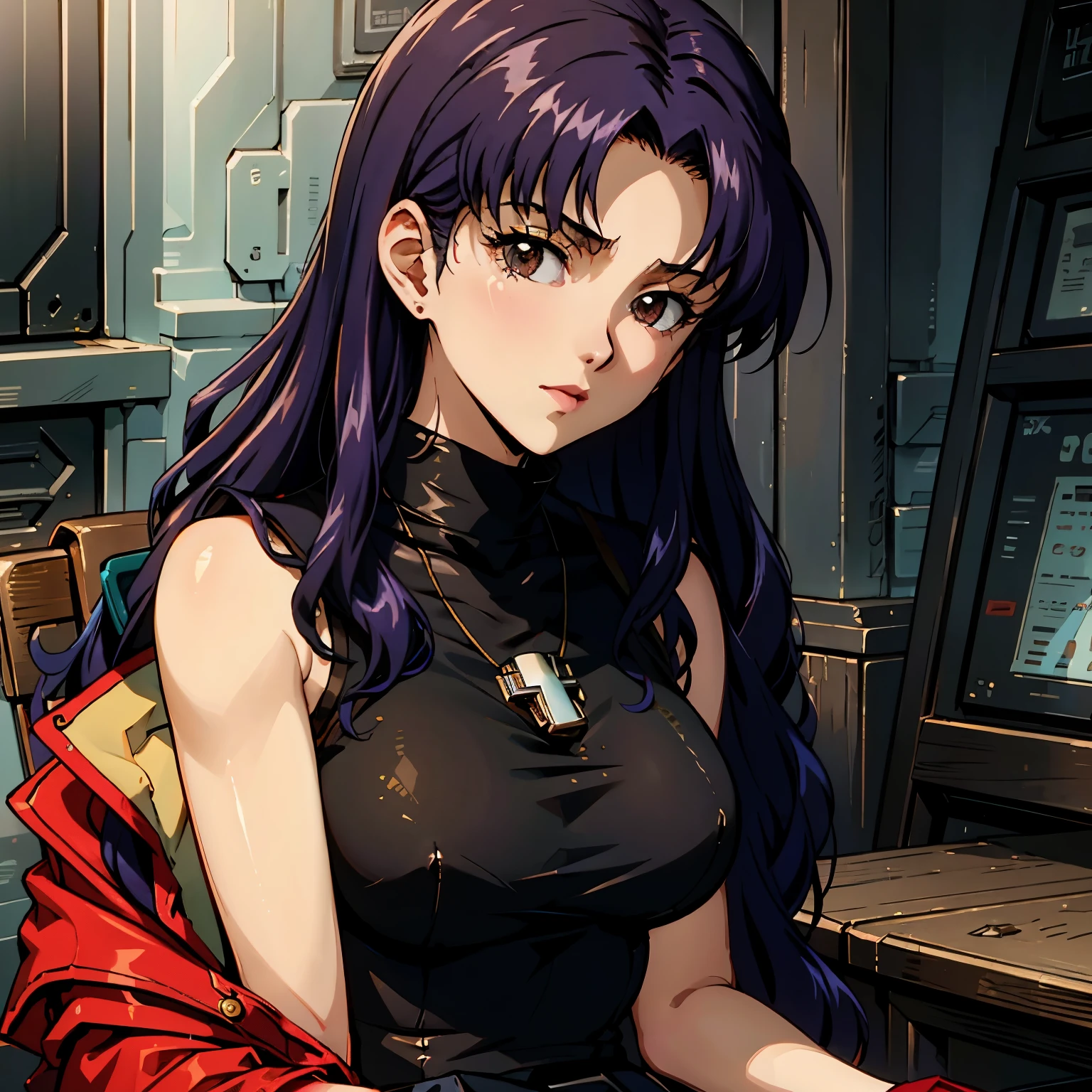 A stunning and intricate full color, Ultra-HD portrait of a 29 year old girl, long wavy indigo blue hair, brown eyes, detailed face, wearing a loose fitting red jacket, short black sleeveless dress with high collar, necklace crossover, epic character composition, alessio albi, nina masic, sharp focus, natural lighting, subsurface dispersion, f2, 35mm