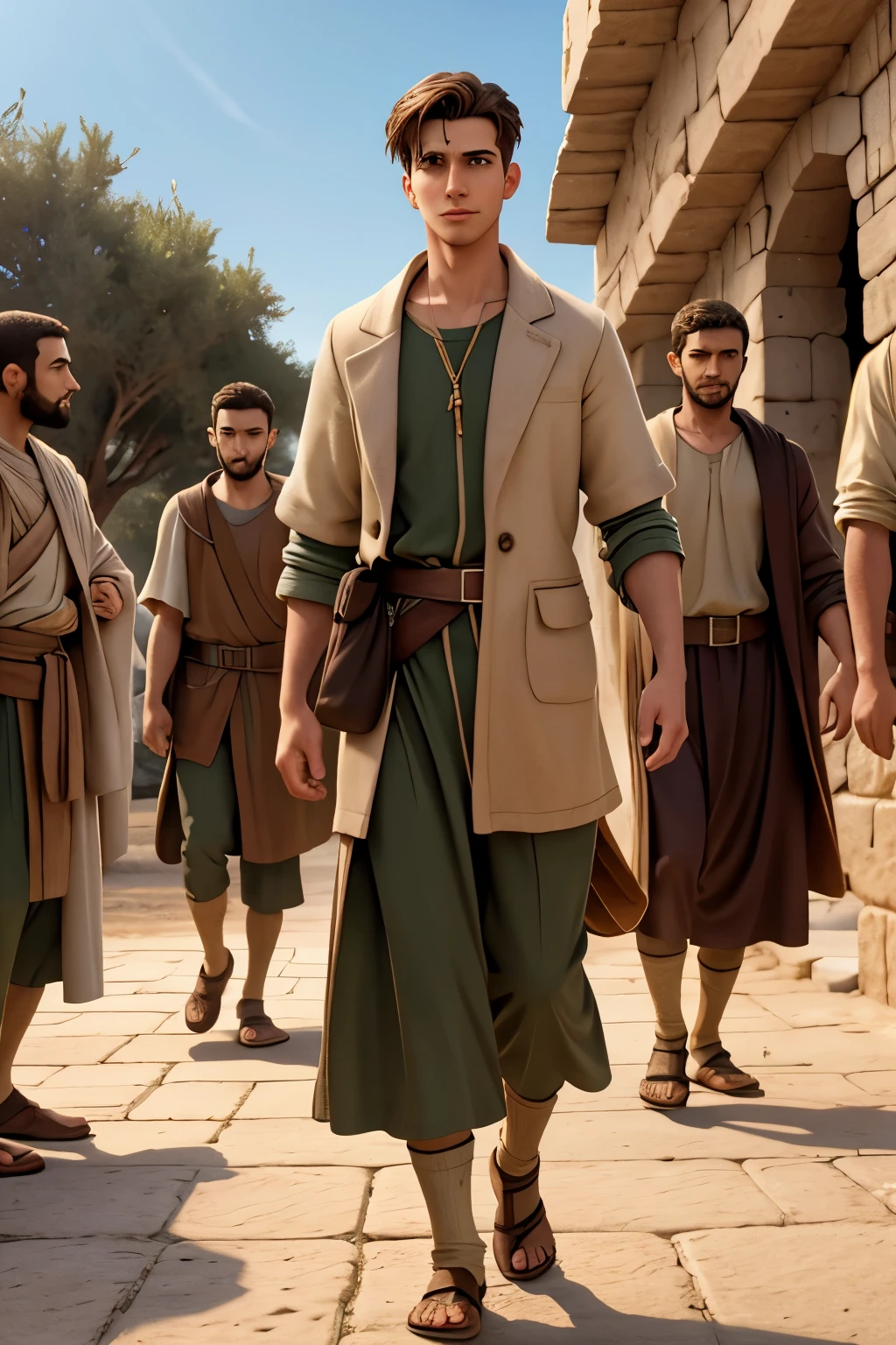 realistic image, 4k, 1920×1080, of a rich young man wearing clothes from that time, approaching Jesus upon arriving with his disciples in a location in Israel, to ask him a question