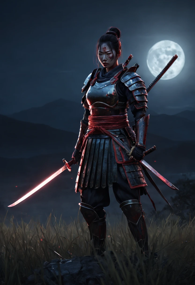 A digital painting of a bloody female samurai, victorious, standing on a moonlit battlefield. Her armor is stained, and her katana drips with the outcome of her fierce battle. The moon casts a cold, silvery light, illuminating her determined expression and the fallen enemies at her feet. The scene is both haunting and powerful, showcasing her strength and the toll of combat. Tall grasses sway gently in the night breeze, adding to the eerie atmosphere. Created Using: digital art, dynamic lighting, moonlight effect, detailed armor texture, expression of determination, eerie, powerful, haunted,  , cold color palette, shadow play --ar 3:4
