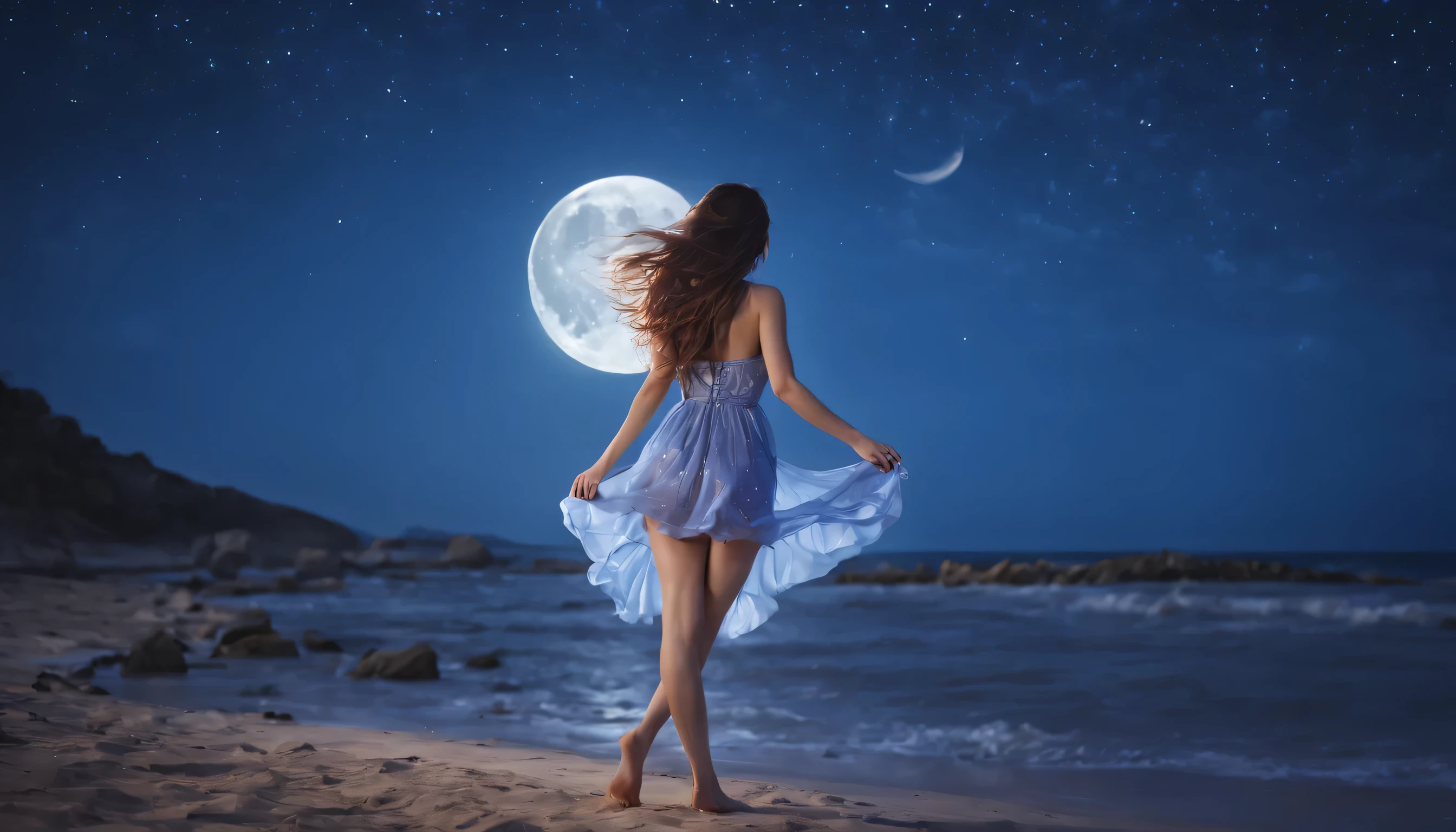 (best quality, highres, masterpiece:1.2), ultra-detailed, realistic:1.37, a girl in a sensual short dress, a bright full moon, flowing long hair in the wind, sparkling stars, medium-sized buttocks, night scenery, gentle breeze, soft lighting, vibrant colors, sexy aura, glamorous night, captivating atmosphere, canon eos r3, 20 megapixels
