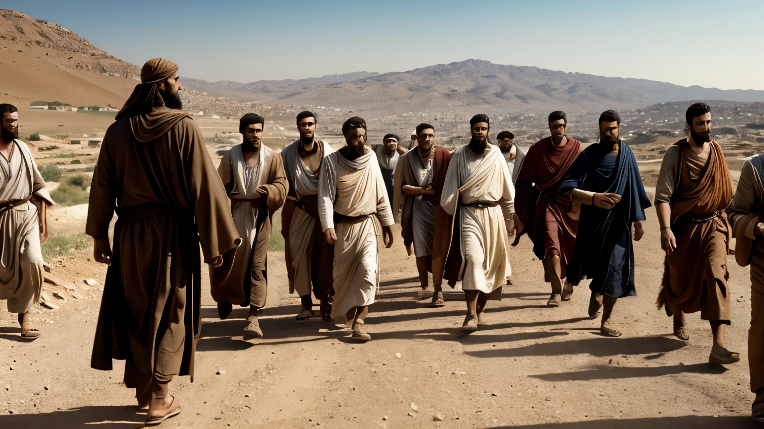 realistic image, 4k, 1920×1080, of a rich young man wearing clothes from that time, approaching Jesus upon arriving with his disciples in a location in Israel, to ask him a question