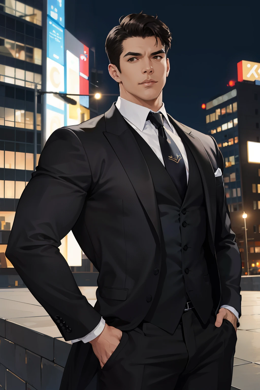 (absurdres, highres, ultra detailed, realistic, ), 1 male, solo, adult, mature, tall muscular guy, broad shoulders, handsome, very short hair, black hair, brown eyes, angular jaw, thick neck, thick eyebrows, night, dark, the night view of the city background, formal suit, necktie, upper body, and a beautiful sexy woman looking at him (realistic), formal dress