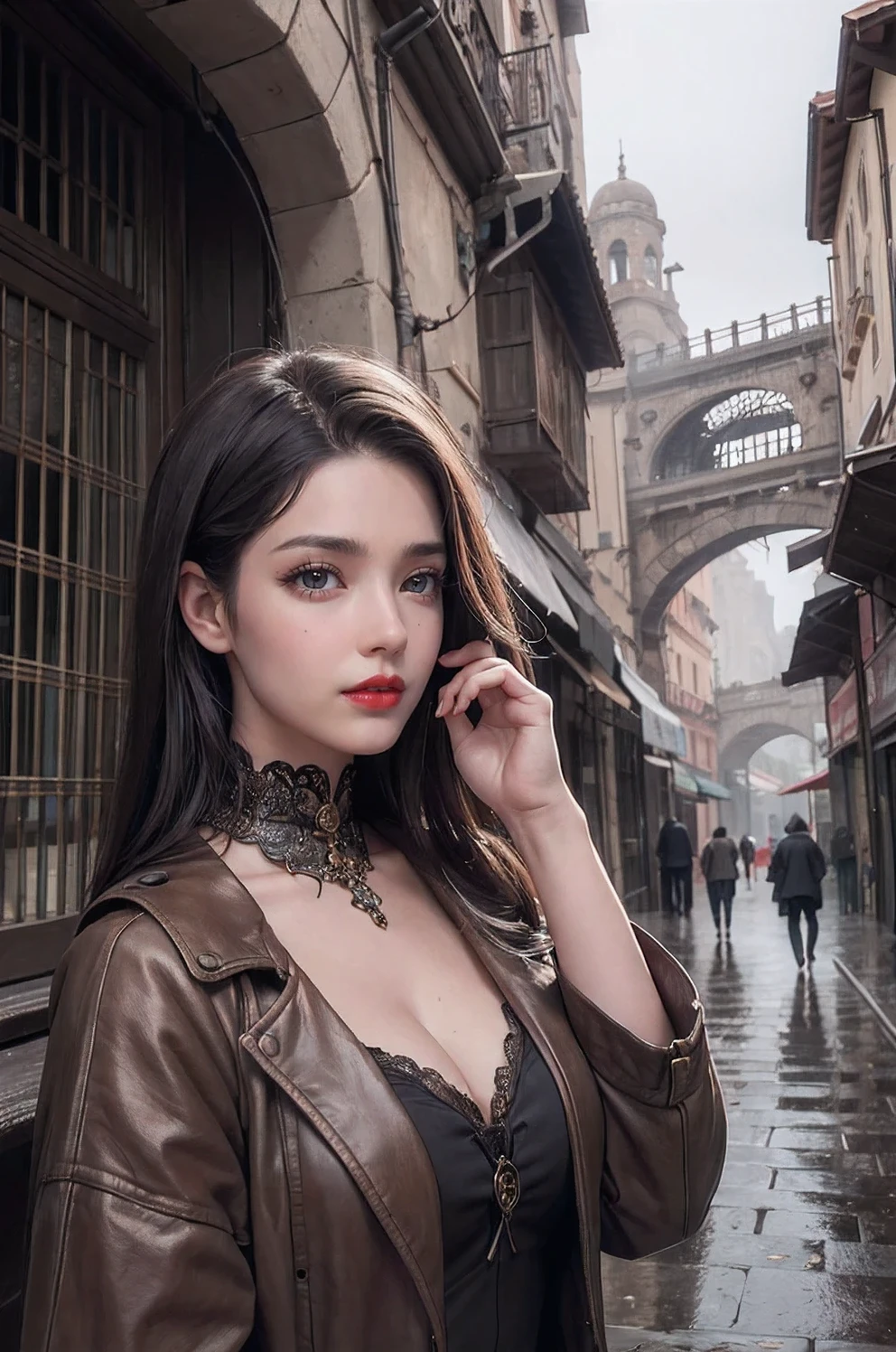 ((masterpiece)),((best quality)),((high detial)),((realistic,)),1girl,
Industrial age city, deep canyons in the middle, architectural streets, bazaars, Bridges, rainy days, steampunk, European architecture,
A mature face,sideways glance, (cold attitude,eyeshadow,eyeliner:0.9),(red lips:1.3),watery eyes,