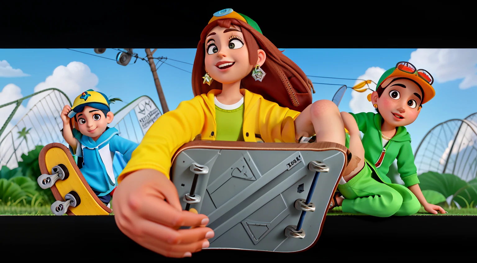 Uma garota estilo segurando um celular, dois garotos atras, left side with cap on head and skateboard in hand, lado direito garoto ruivo com mochila nas costas, disney pixar, alta qualidade, melhor qualidade