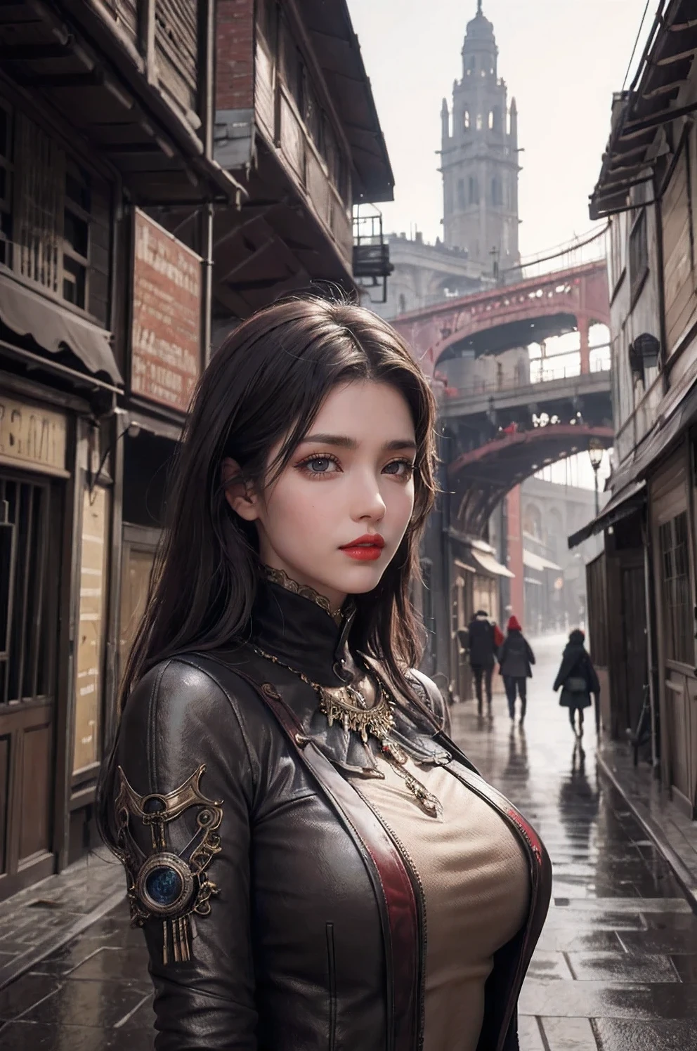 ((masterpiece)),((best quality)),((high detial)),((realistic,)),1girl,
Industrial age city, deep canyons in the middle, architectural streets, bazaars, Bridges, rainy days, steampunk, European architecture,
A mature face,sideways glance, (cold attitude,eyeshadow,eyeliner:0.9),(red lips:1.3),watery eyes,