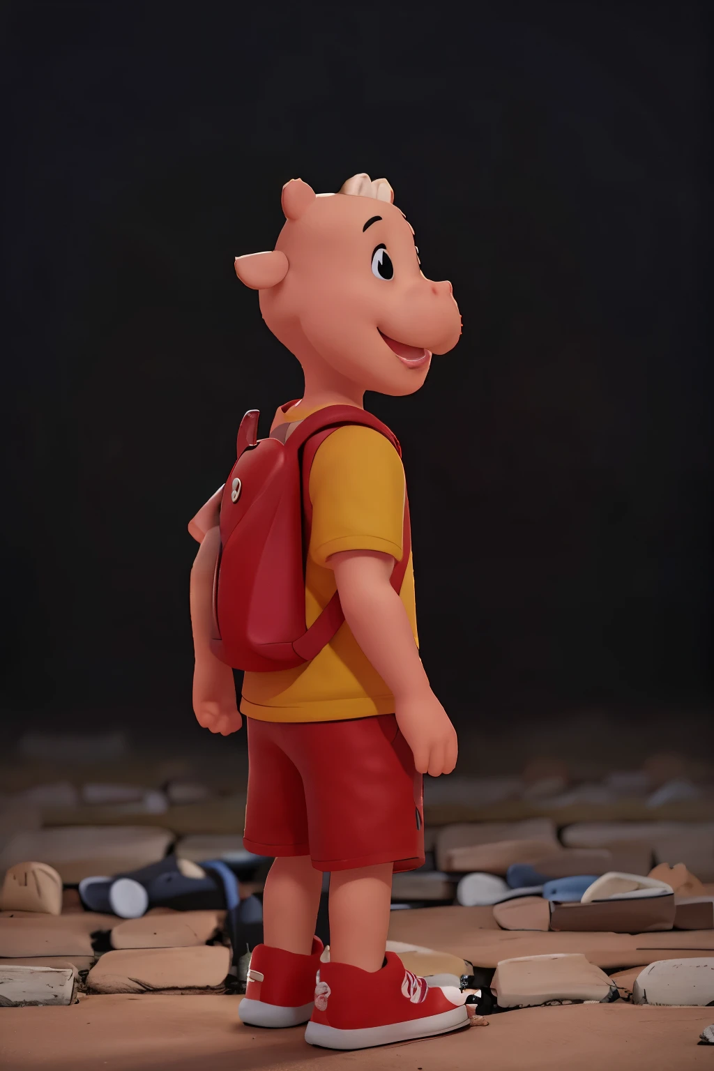 cory 2 hippo male sex doll with cartoon style going to school running with a backpack on his back wearing a yellow t-shirt with the red h symbol in the center of the t-shirt and red sleeves, blue shorts, red sneakers