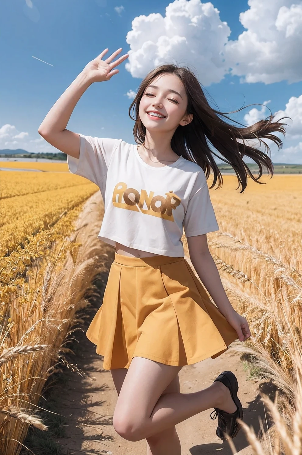 1 girl, brown hair, wearing an orange skirt, face to the blue sky, eyes closed, smiling, surrounded by yellow wheat fields, yellow ginkgo floating in the sky, white clouds floating in the blue sky, cartoon style, high quality, high resolution, look up, three-ee point oint perspective, the deep knee
