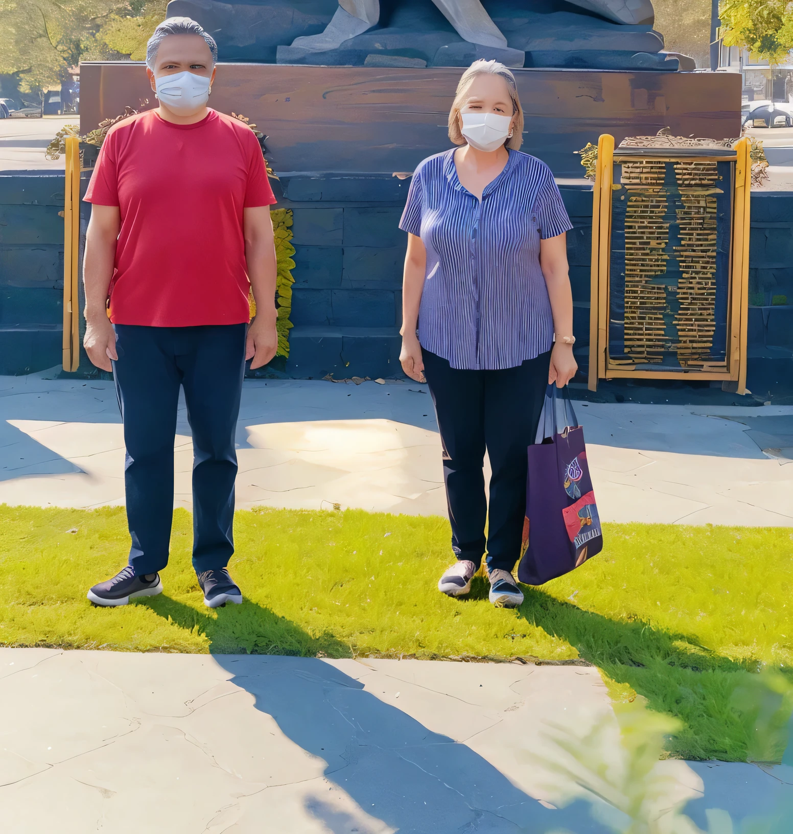 two people standing in front of a statue with a face mask on, facebook post, by Teresa Fasolino, viral photo, dug stanat, foreground background, foto, 7 0 years old, 70 years old, discovered photo, 3 0 years woman, by Gen Paul, morning sun, photo taken in 2 0 2 0, trending ,, by Dan Content
