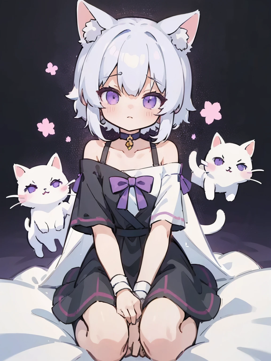 Anime girl with short white hair just above the shoulders, black pajamas, choker,Purple ribbon on hair, Bandage your hand,cute anime cat girl, anime cat girl, Cute style of women&#39;s furry mini, anime style characters, flat anime style ,One character,Anime Vtuber Model, anime moe art style, white cat girl,purple eyes,sit under the blanket,atmosphere,comfortable