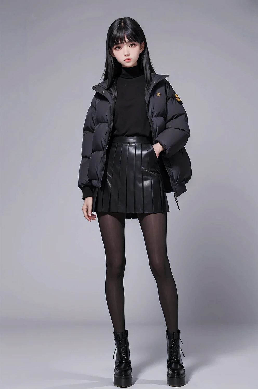 1girl, black hair, long hair, full body,bangs
skirt,Black pantyhose,Down jacket,
simple background, frontlight, side light,doc_martens,