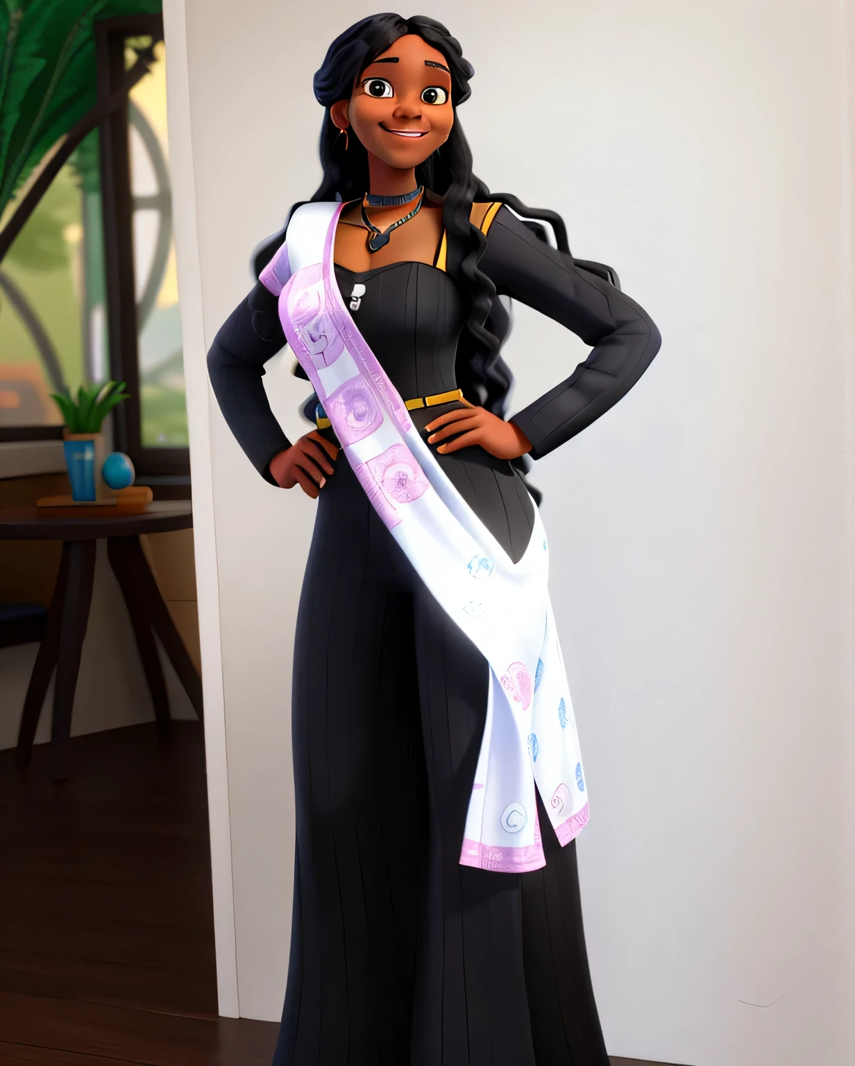 uma mulher negra com longos cabelos pretos ondulados, rosto sorridente realista, in the style of Disney Pixar 3d animation, Facing the camera