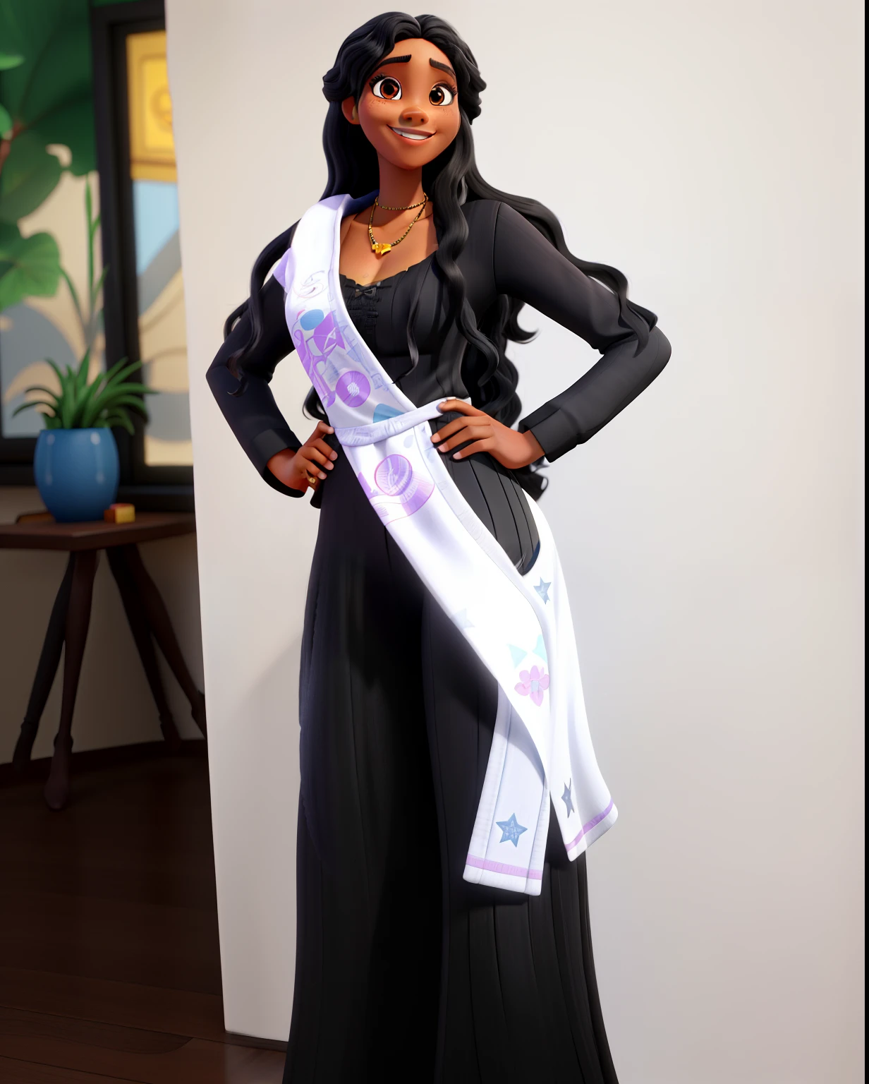 a black woman with long black wavy hair, realistic smiling face, in Disney Pixar 3D animation style, facing the camera